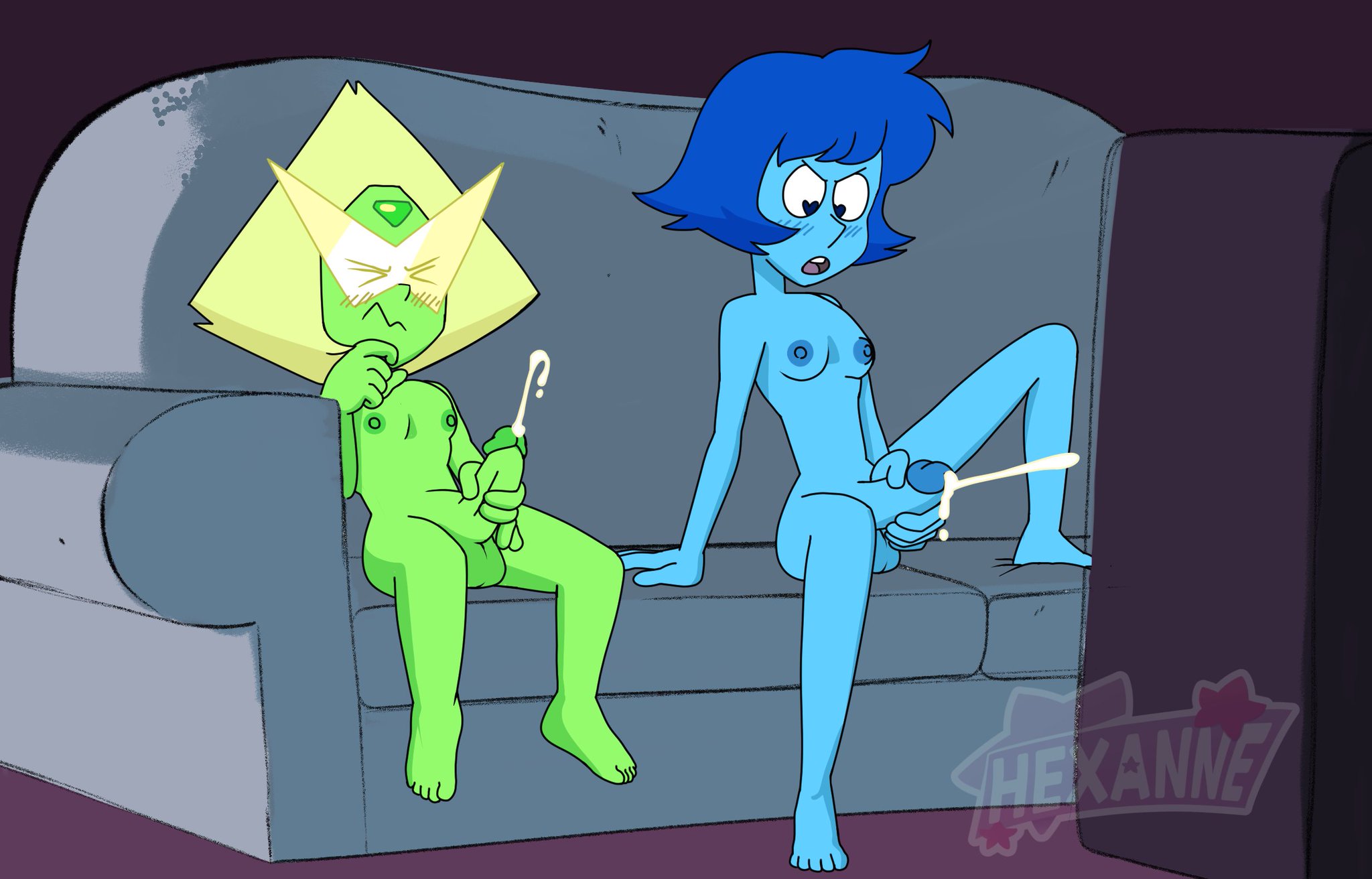 2dickgirls, 2futas, balls, blonde hair, blue hair, blue skin, breasts, cartoon network, cum, cumming, cumshot, dickgirl, duo, ejaculation, electronics, erection, eyewear, feet, futa only, futanari, gem (species), glasses, green skin, half-closed eyes, heart-shaped pupils, hexanne, humanoid, humanoid penis, intersex, lapis lazuli (steven universe), manual, masturbation, mutual masturbation, nude, orgasm, penis, peridot (steven universe), sitting, small breasts, smile, spread legs, steven universe, television, wanking