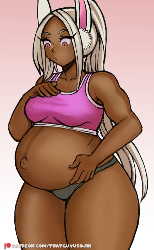 1girls belly big_belly big_breasts breasts dark-skinned_female dark_skin female hand_on_belly miruko my_hero_academia navel outie_navel panties pink_eyes pregnant pregnant_milf rumi_usagiyama sports_bra thatguyusojin thick_thighs thighs white_hair