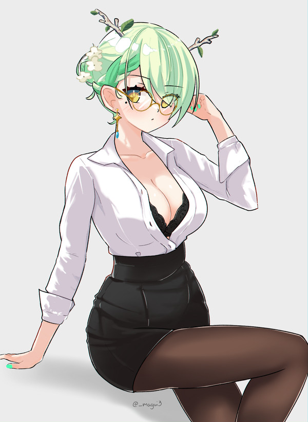 beauty mark, breasts, business attire, ceres fauna, earrings, female, flowers in hair, glasses, green hair, hair bun, hololive, hololive english, hololive english -council-, hololive english -promise-, horns, inner sideboob, lingerie, nail polish, office lady, tied hair, virtual youtuber, yellow eyes