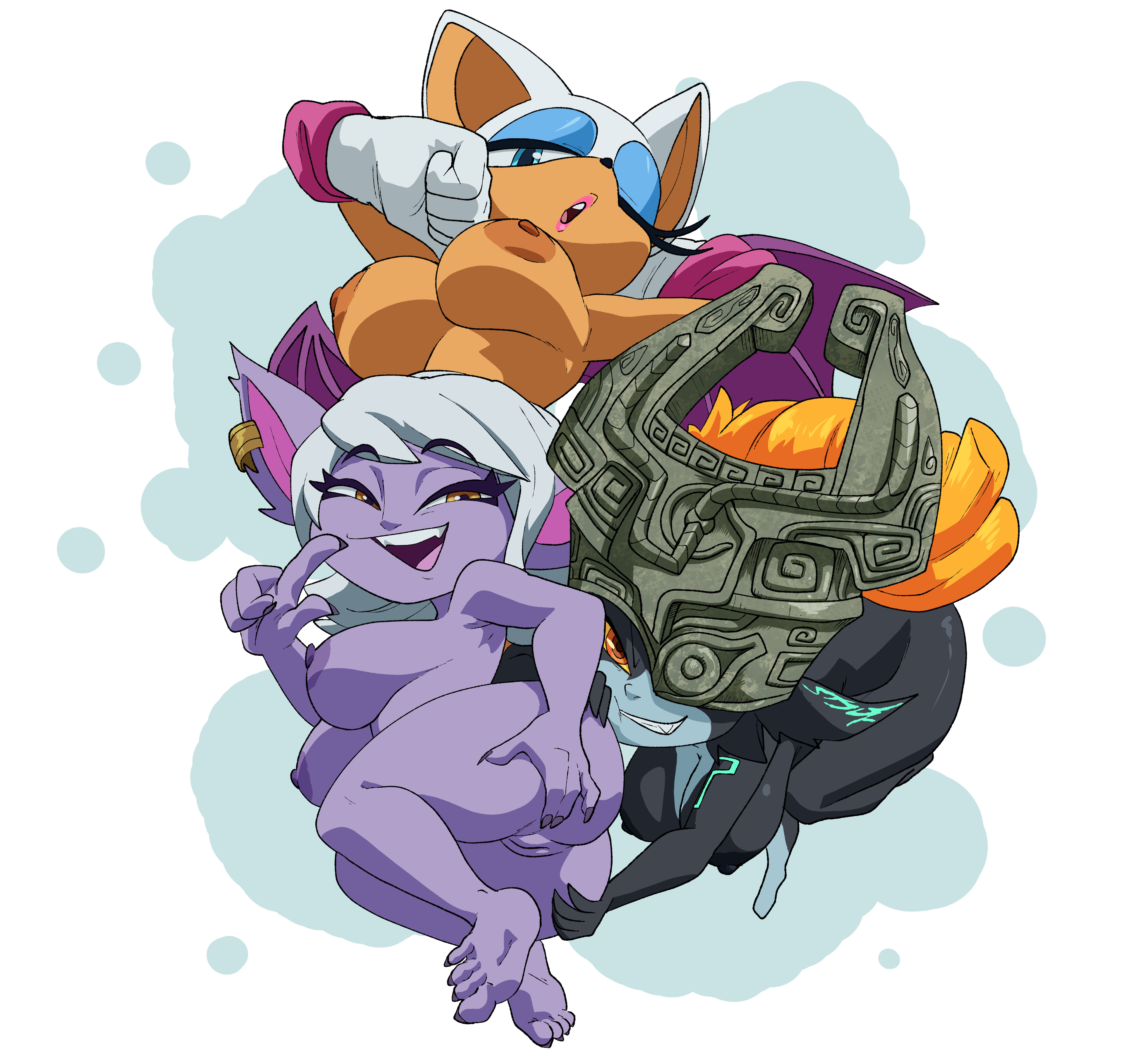 3girls, 4 fingers, 4 toes, 5 fingers, absurd res, anthro, ass, bat, big breasts, black body, blue eyes, breasts, chiropteran, claws, clothing, crossover, digital media (artwork), ear piercing, eyelashes, eyeshadow, face on butt, feet, female, female only, fingers, genitals, gloves, group, hair, hand behind own head, hand on ass, hand on butt, handwear, headgear, headwear, hi res, humanoid, imp, imp midna, inker comics, inkershike, league of legends, lipstick, looking at viewer, looking back, makeup, mammal, markings, membrane (anatomy), membranous wings, midna, multiple females, multiple girls, narrowed eyes, nintendo, nipples, nude, one eye closed, one eye obstructed, open mouth, orange hair, piercing, presenting, presenting hindquarters, purple body, purple eyes, purple skin, pussy, red eyes, riot games, rouge the bat, sega, short stack, shortstack, simple background, smile, smiling at viewer, smirk, sonic (series), sonic the hedgehog (series), spread ass, spread butt, spreading, the legend of zelda, toe claws, toes, tongue, trio, tristana, twili, twilight princess, video games, white fur, white hair, wings, wink, yordle