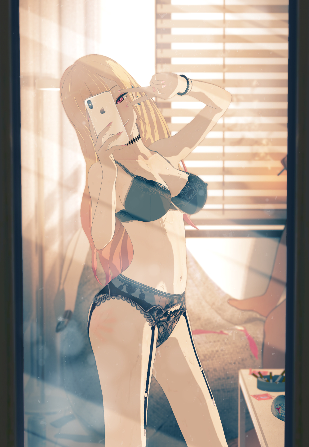 3d after_sex bra cheating cheating_girlfriend garter_belt garter_straps kitagawa_marin netorare ntr panties pose selfie sono_bisque_doll_wa_koi_wo_suru textless used_condom yuukis