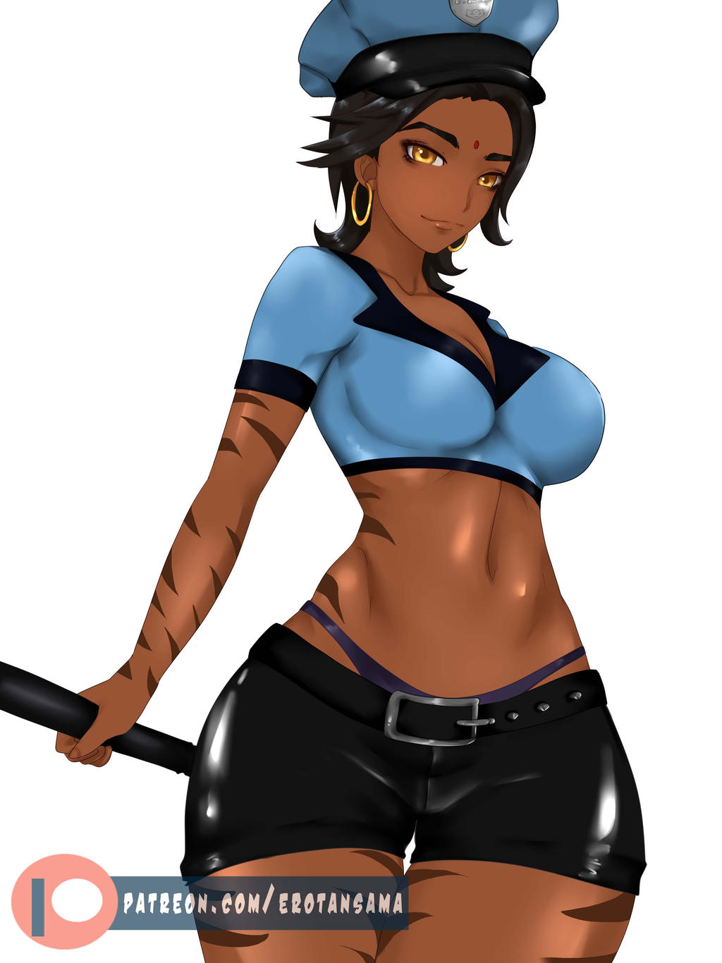 1girls, belt, buckle, crop top, cropped legs, dark skin, dark-skinned female, ear piercing, earrings, erotansama, female, forehead mark, golden eyes, hat, midriff, panties, patreon username, plain background, police uniform, policewoman, rwby, short shorts, shorts, sienna khan, thigh gap, tiger stripes, white background, yellow eyes