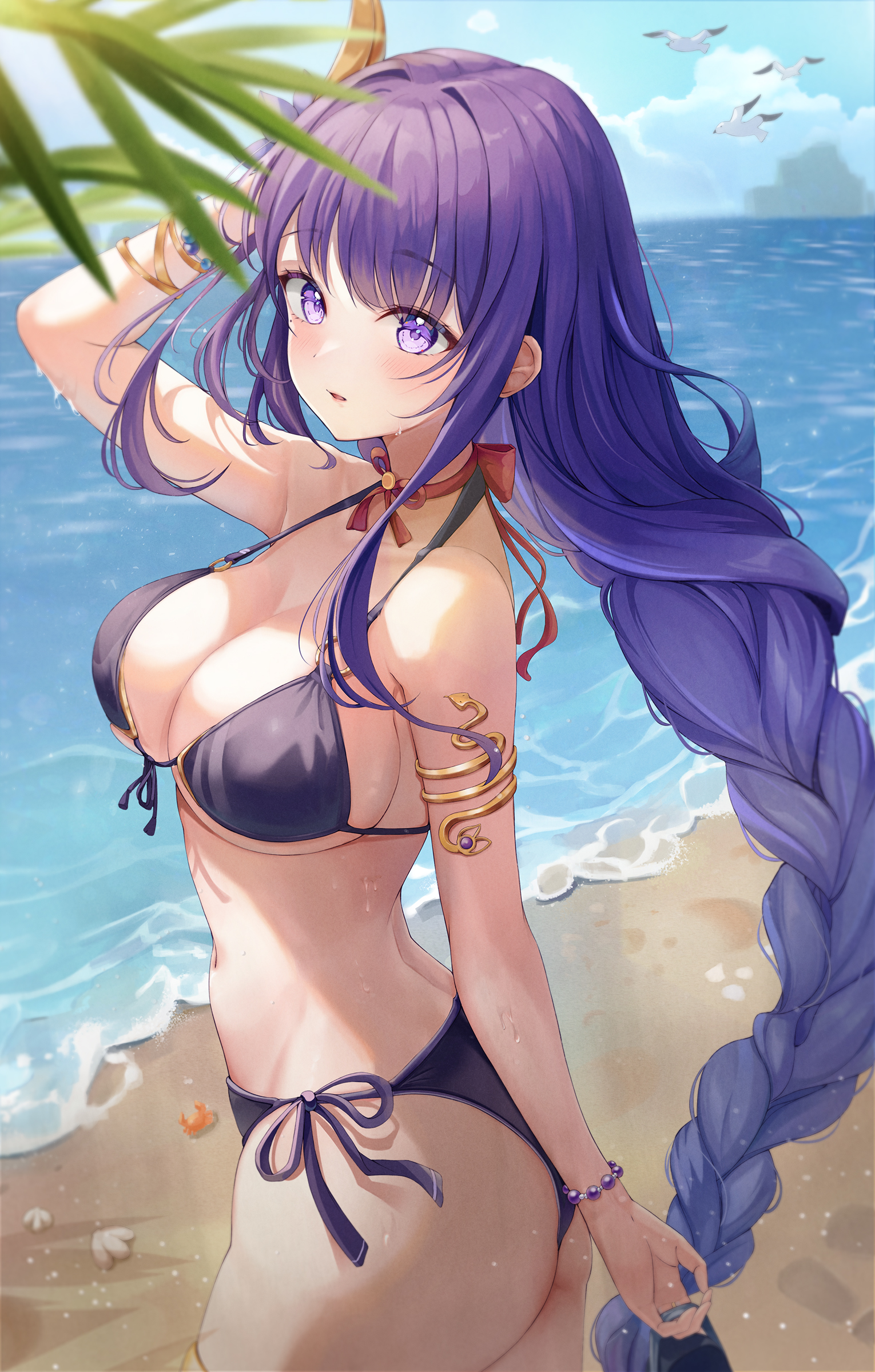 1girls, ass, beach, bikini, blush, breasts, curvy, female, genshin impact, hi res, large breasts, looking at viewer, milf, purple eyes, purple hair, raiden shogun, tropical, underboob, wet