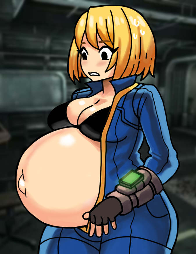 1girls, belly, big belly, big breasts, blonde hair, bra, breasts, clothing, computer, electronics, fallout, female, human, jumpsuit, no artist signature, pale skin, pip-boy, pregnant, thatguyusojin, vault girl, vault suit, wristwear