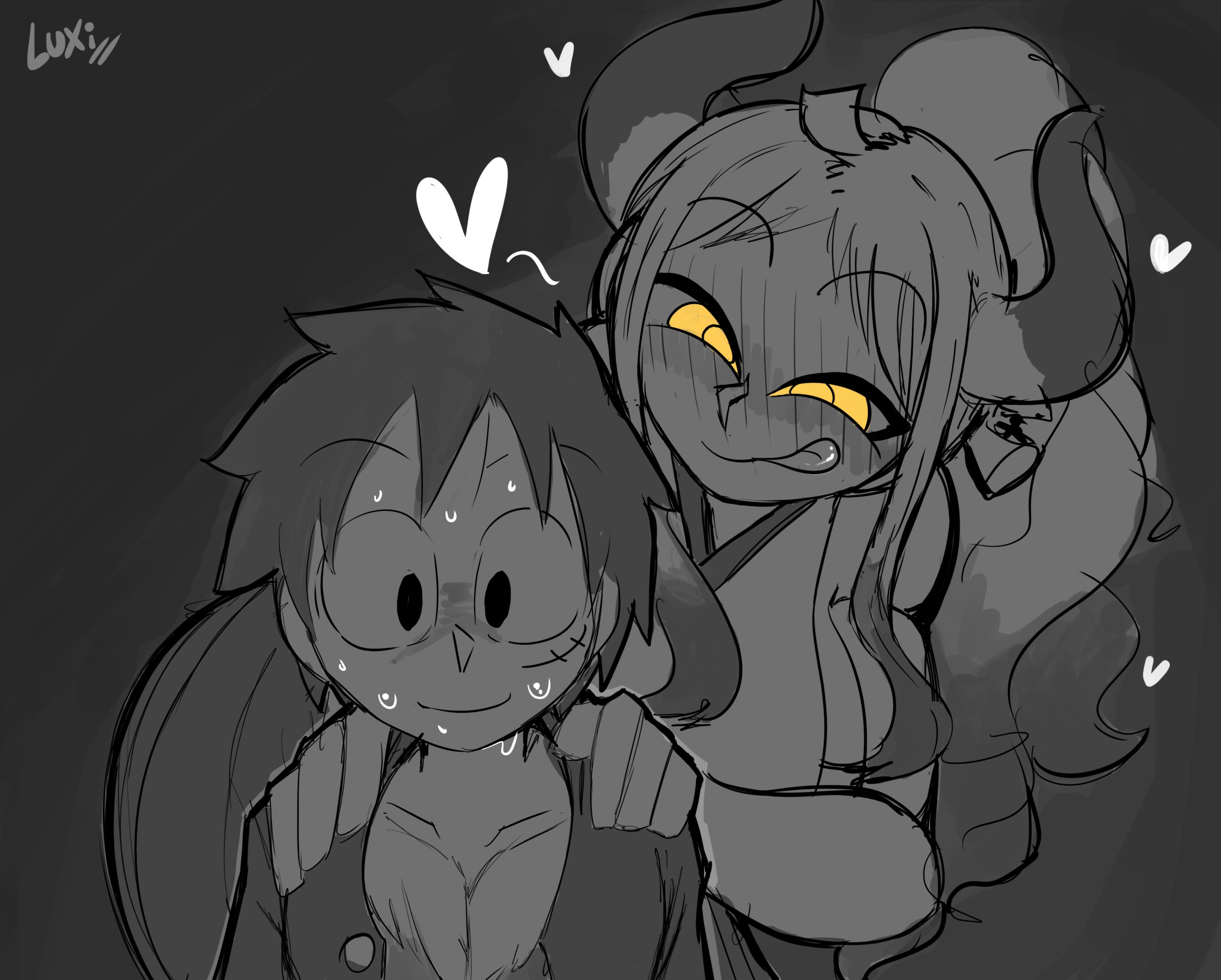 1boy, 1girls, ahoge, female, heart, high ponytail, larger female, long hair, luxidoro, male, monkey d luffy, monochrome, multicolored hair, one piece, ponytail, scar, scar on face, scared, size difference, sweat, sweating, tied hair, traditional clothes, yamato (one piece), yellow eyes