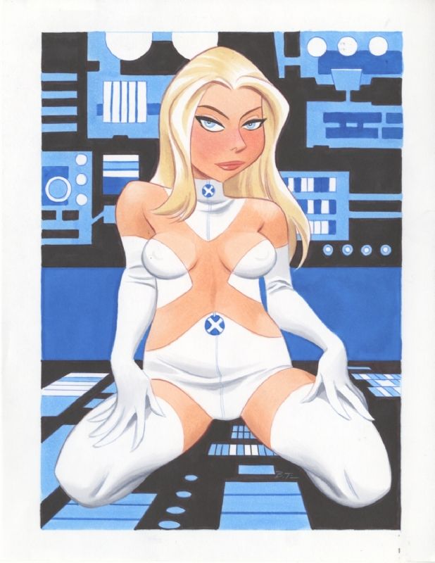 1girls abstract_background blonde_hair blue_eyes bruce_timm clothed emma_frost female female_only marvel marvel_comics traditional_media_(artwork) visible_nipples white_clothing white_queen x-men