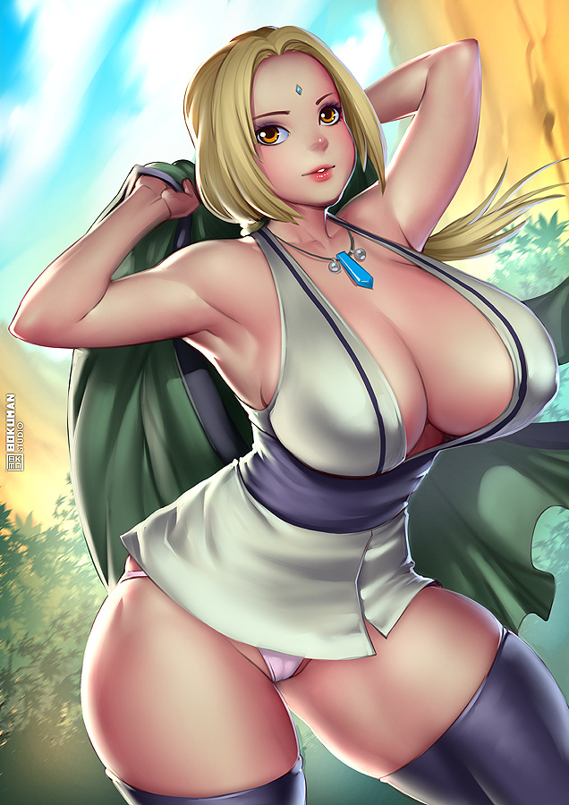 1girls, armpits, big breasts, bokuman, breasts, cleavage, female, female only, huge breasts, naruto, naruto (series), no pants, panties, thick thighs, thighhighs, thighs, tsunade