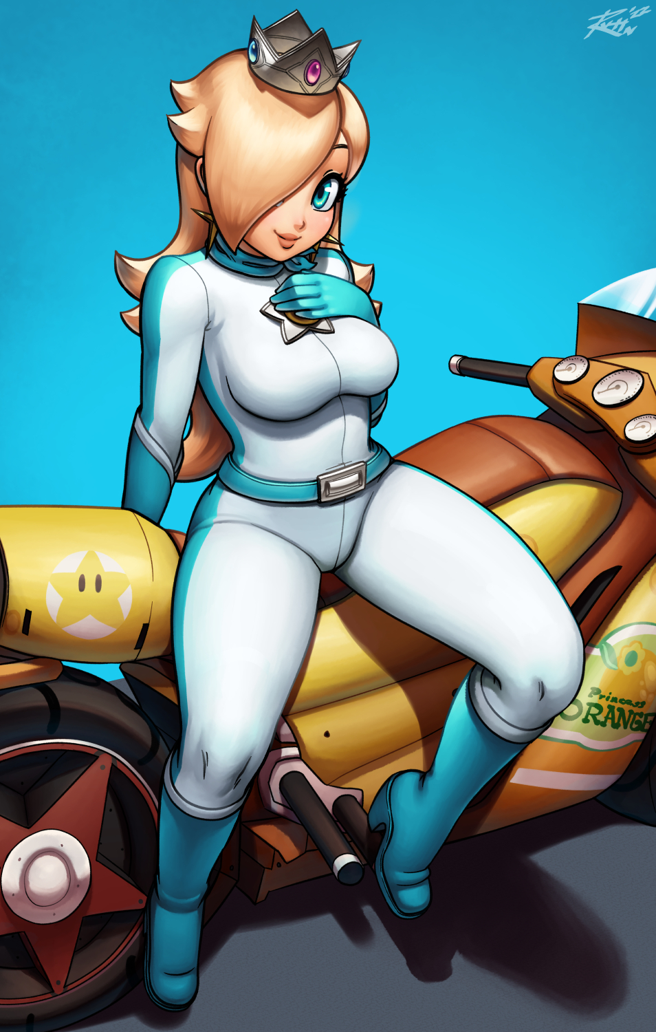 1girls belt biker biker_clothes blonde_hair blue_eyes bodysuit boots breasts crotch crown gloves hand_on_breast hi_res legs legs_apart long_hair looking_at_viewer mario_(series) mario_kart motorcycle nintendo princess_rosalina revtilian scarf skin_tight smile solo thighs tight_clothing