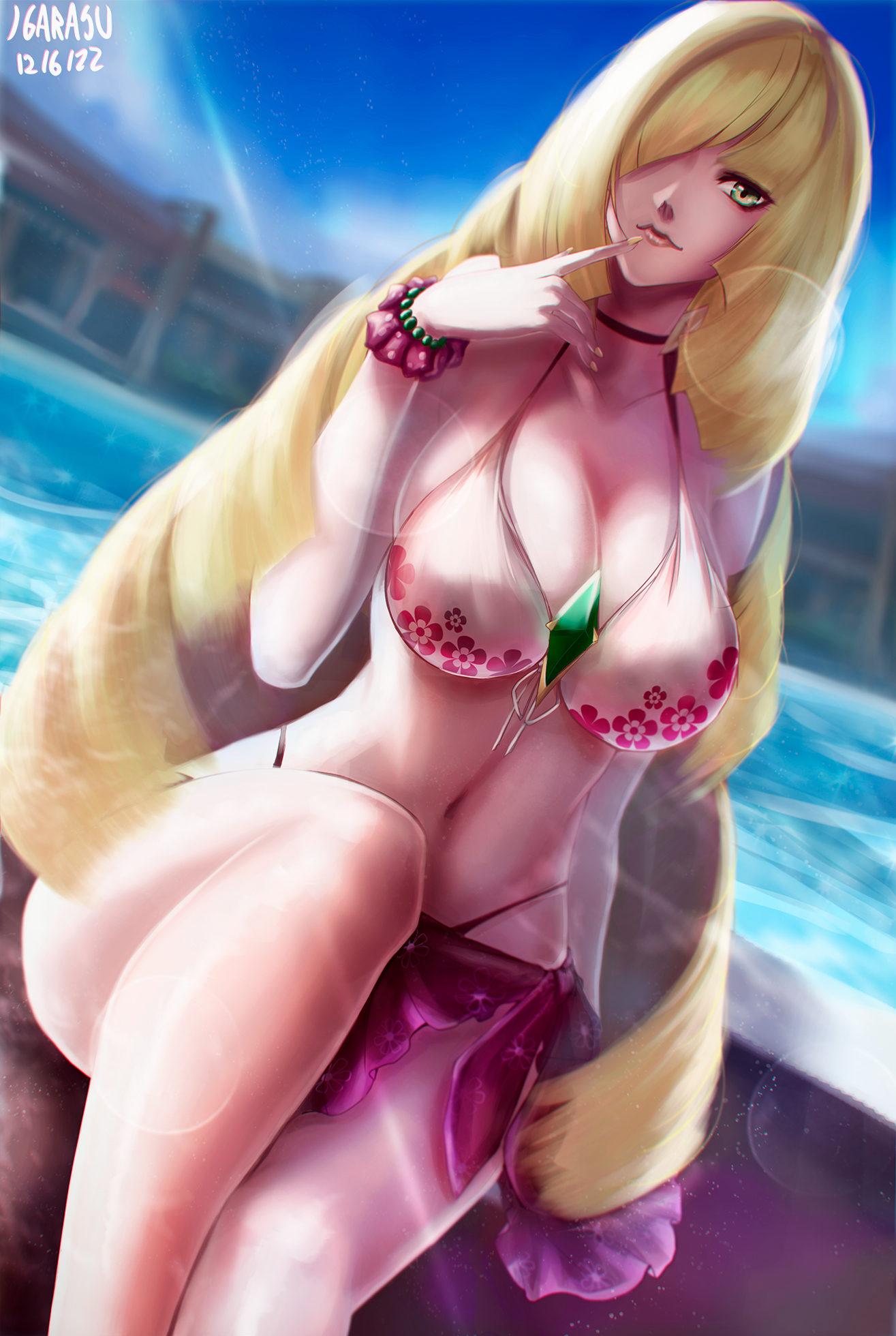 1girls, background, big breasts, bikini, bikini bottom, bikini top, blonde hair, breasts, female, female only, game freak, green eyes, hair, hair over one eye, igarasu, lips, long hair, lusamine (pokemon), mature, mature female, milf, mother, pokemon, pokemon sm, solo, solo female, yellow nail polish, yellow nails