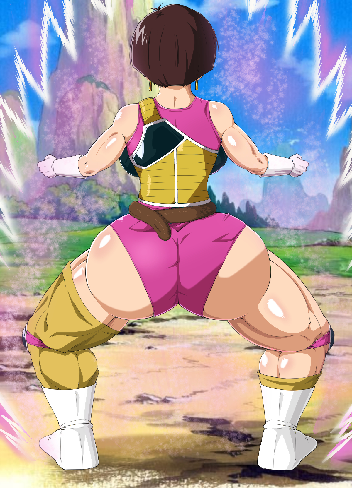 1girls, ass, ass clapping, big ass, black hair, bubble ass, bubble butt, dragon ball, dragon ball z, female, huge ass, large ass, saiyan, seripa, short hair, solo female, zeroblack