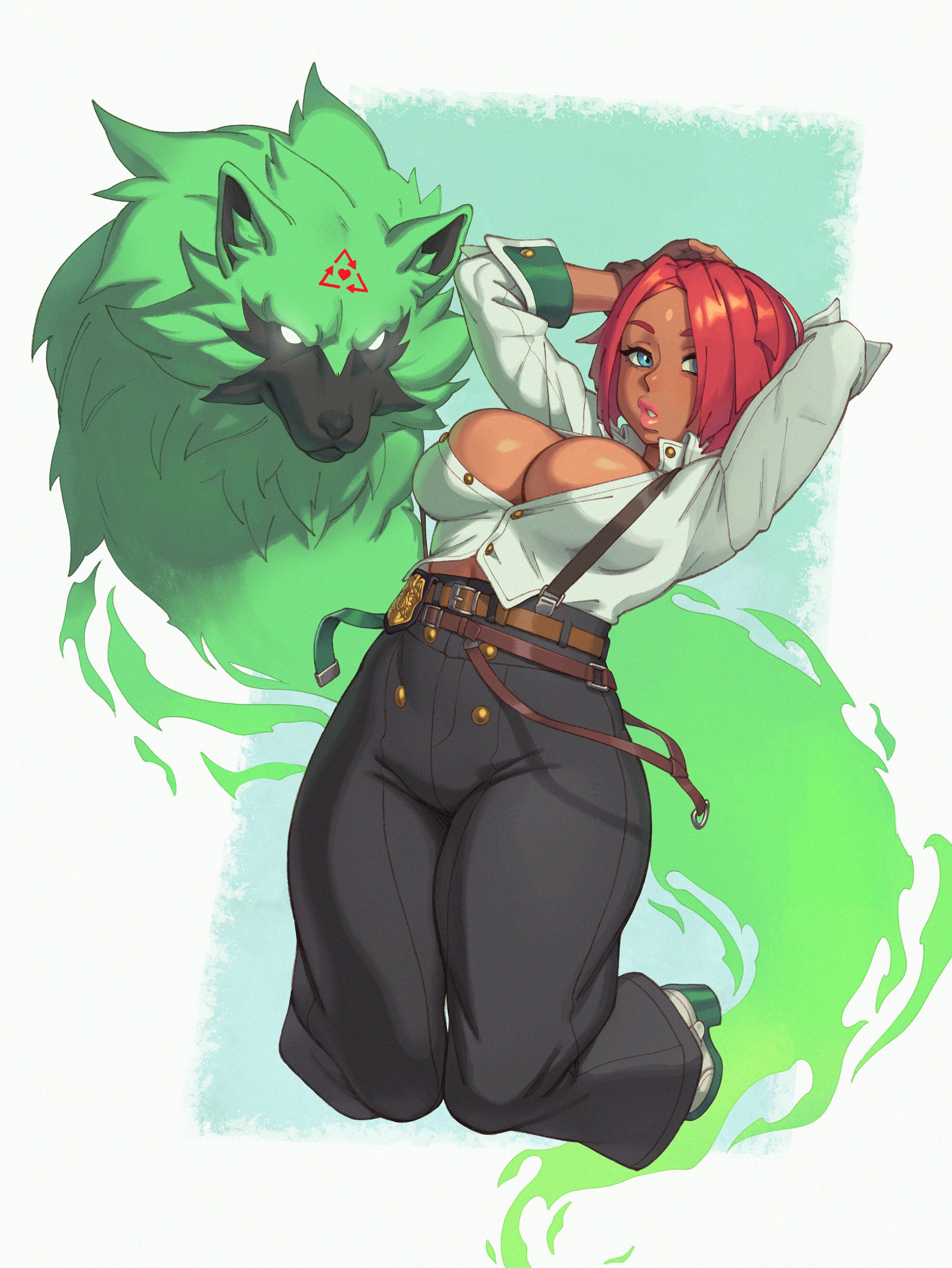 1girls, 2022, arc system works, blue eyes, brazilian, brazilian female, breasts, cleavage, clothed, clothed female, dark skin, dark-skinned female, female, female focus, giovanna (guilty gear), guilty gear, guilty gear strive, hips, huge breasts, looking at viewer, red hair, rei (guilty gear), rizdraws, short hair, simple background, slim waist, tan, tan body, tan skin, thick lips, thick thighs, thighs, wide hips