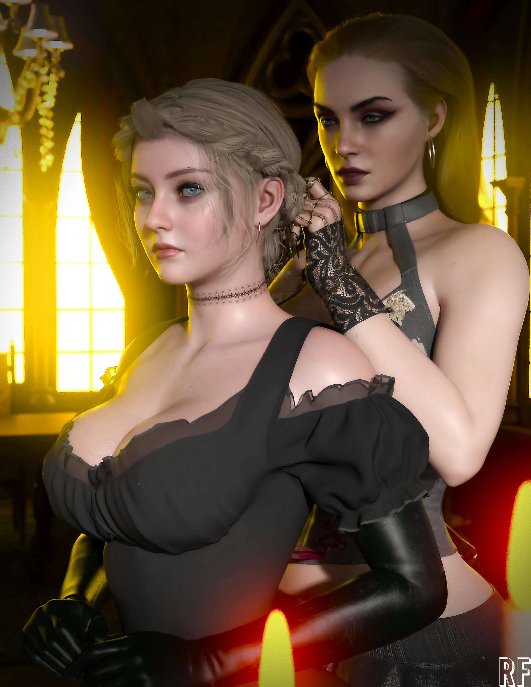 2girls, 3d, big breasts, blonde female, blonde hair, braided hair, breasts, candle, cleavage, female, female only, fully clothed, light skin, light-skinned female, medium hair, mother miranda (resident evil), multiple females, multiple girls, piercing, resident evil, resident evil 8: village, rosemary winters, rude frog, standing
