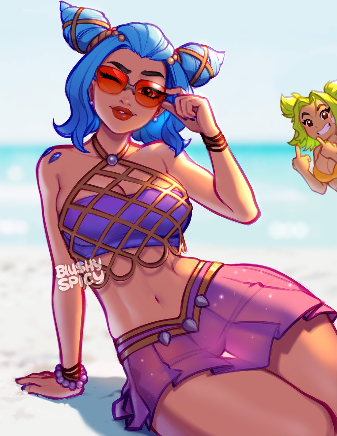2022, 2d, 2d (artwork), 2girls, adjusting eyewear, adjusting glasses, adjusting sunglasses, artist name, bikini, blonde hair, blue hair, blushypixy, blushyspicy, bracelet, female, female focus, female only, glasses, human, human only, league of legends, looking at viewer, middle finger, nail polish, ocean song zeri, orange-tinted eyewear, pool party series, posing, purple nails, questionable, red lipstick, red-tinted eyewear, riot games, sfw, sunglasses, sunshine, tinted eyewear, trait connection, watermark, wink, winking at viewer, zeri (league of legends), zeri flipping us off
