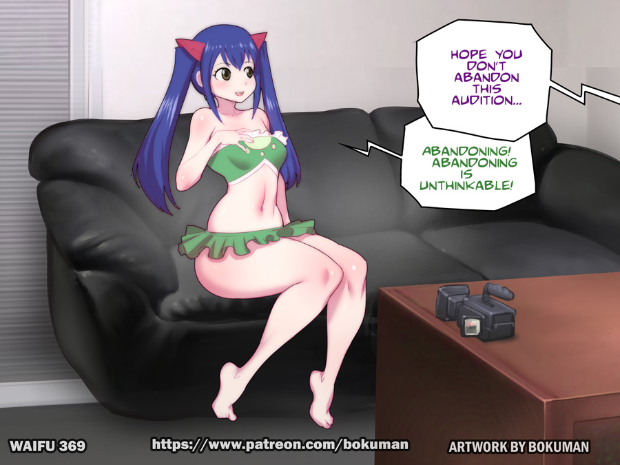 1girls audition bikini blue_hair bokuman brown_eyes camera casting_couch couch eager english_text fairy_tail female female_only green_clothing hair_accessory hair_ornament interview small_breasts solo tagme text thick_thighs twintails wendy_marvell