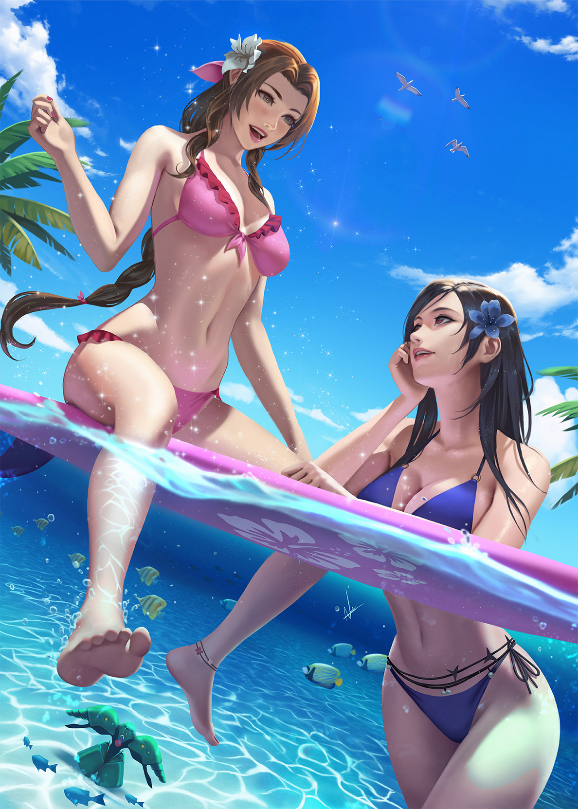 2girls, aerith gainsborough, anklet, barefoot, beach, feet, female, final fantasy, final fantasy vii, flower, flower in hair, happy, nibelart, swimsuit, tifa lockhart