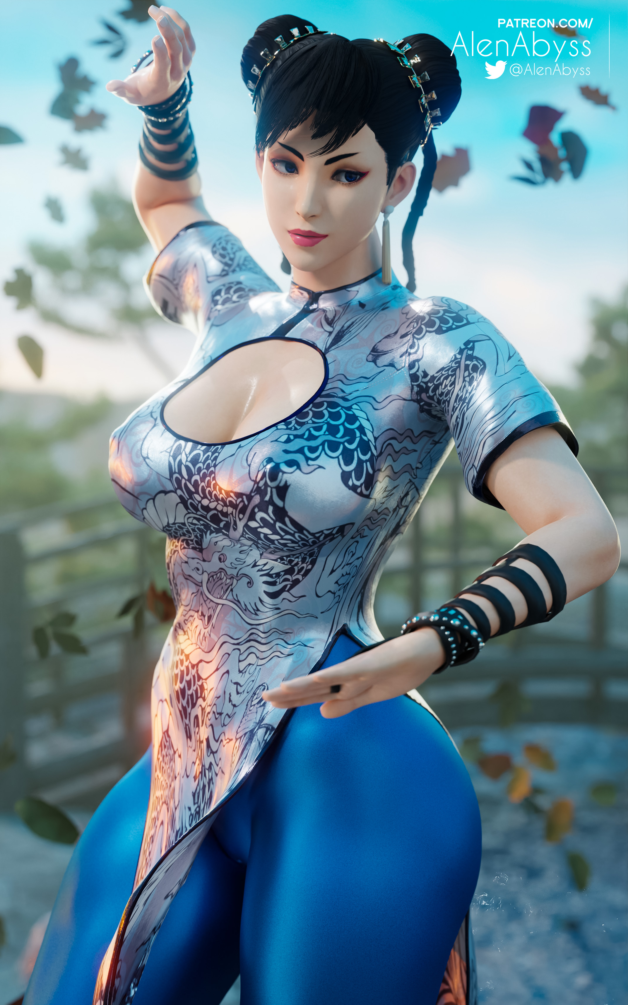 1girls, 3d, alenabyss, big breasts, boob window, breasts, cameltoe, capcom, chun-li, chun-li (street fighter 6), cleavage, clothed, clothed female, clothes, clothing, erect nipples, female, female only, fully clothed, hard nipples, nipples, patreon username, pussy, solo, street fighter, street fighter 6, thick thighs, tight clothing, tights, twitter username