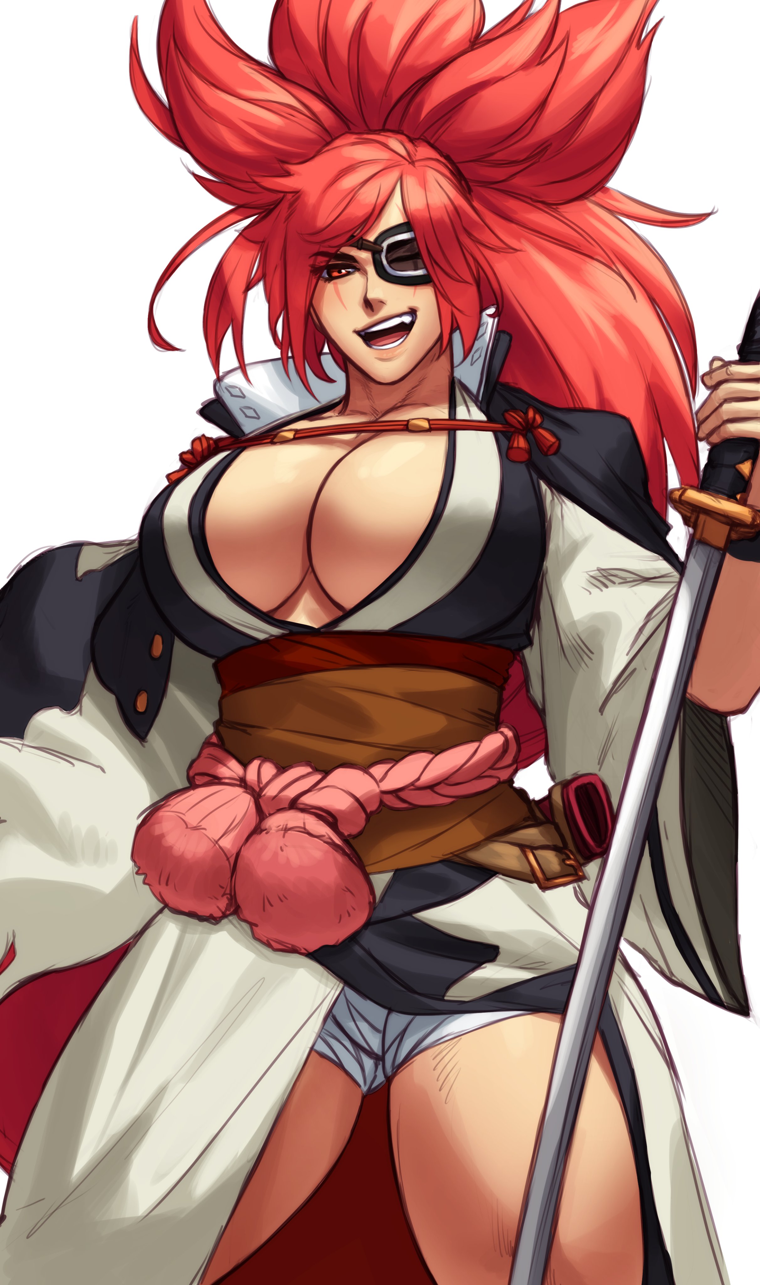 1girls, absurd res, baiken, big breasts, breasts, clothed, eye patch, female, guilty gear, hi res, holding weapon, katana, large breasts, looking at viewer, open mouth, red eyes, scar, scar across eye, simple background, solo, sotcho, sword, white background