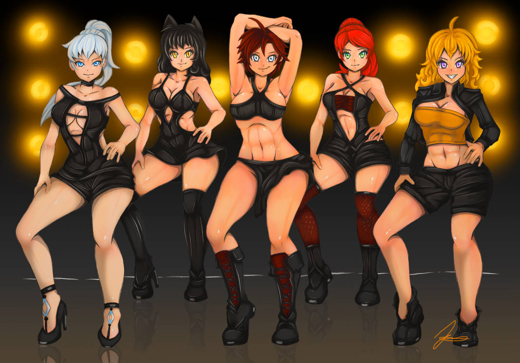 5girls abs animal_ears armpits artist_signature black_hair blake_belladonna blonde_hair blue_eyes boots breasts cat_ears cleavage cleavage_cutout dancing faunus female green_eyes hand_on_hip high_heel_boots high_heels high_ponytail human jacket jennobasilicum long_hair midriff navel pale_skin ponytail purple_eyes pyrrha_nikos red_hair ruby_rose rwby sidelocks standing team_rwby thighs tube_top tubetop weiss_schnee white_hair yang_xiao_long yellow_eyes