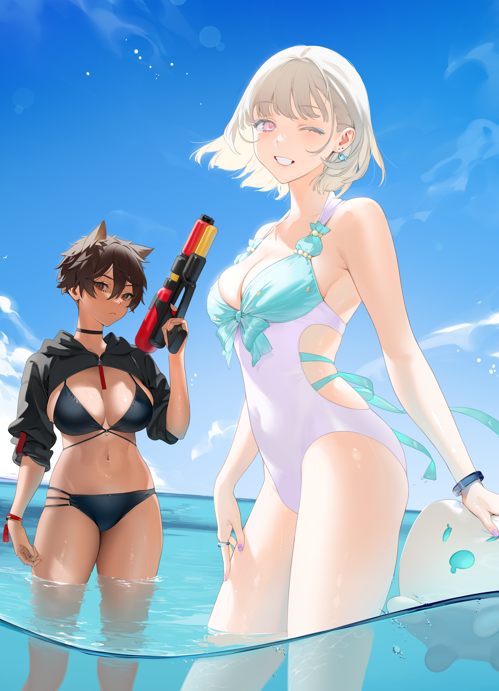 2girls, animal ears, bangs, bare shoulders, beach, bikini, black bikini, black choker, blush, bracelet, breasts, brown hair, casual one-piece swimsuit, choker, cleavage, dark skin, dark-skinned female, earrings, female, female focus, female only, highres, large breasts, looking at viewer, medium breasts, micchan (ohisashiburi), nacchan (ohisashiburi), nail polish, navel, ocean, ohisashiburi, one eye closed, one-piece swimsuit, open mouth, original, original character, original characters, painted nails, pink eyes, pink nails, red eyes, ring, short hair, silver hair, slit pupils, smile, standing, summer, swimsuit, tassel, tomboy, two-tone swimsuit, very short hair, wading, water, water gun, wink