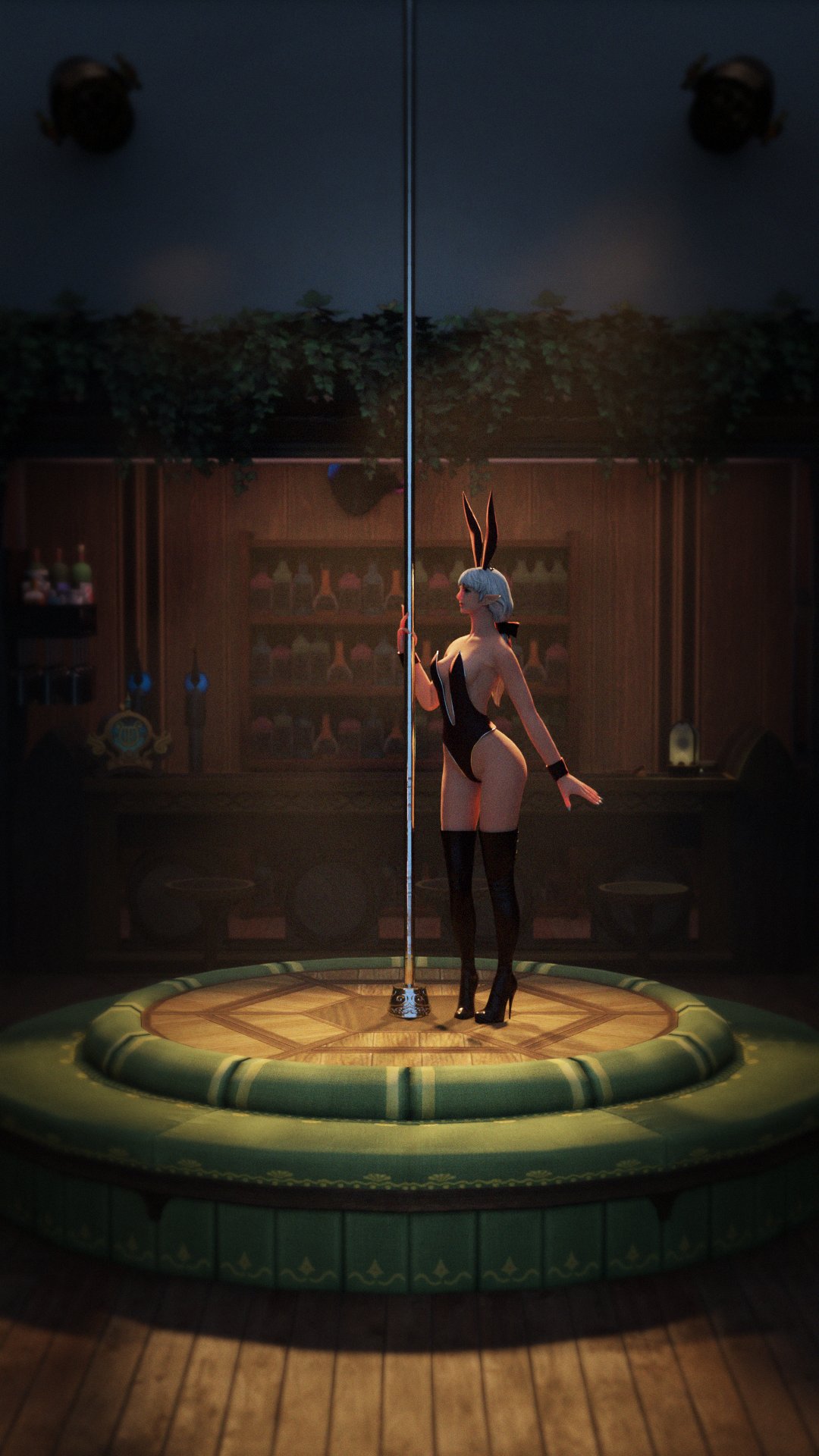 1girls ameliance_leveilleur armband big_breasts bunny_ears bunnysuit elezen elf elf_ears elf_female final_fantasy final_fantasy_xiv gpose(ffxiv) high_heels lingerie milf pale-skinned_female pale_skin pointy_ears square_enix strip_dance stripper_clothes stripper_pole stripping thick_ass thick_thighs white_hair