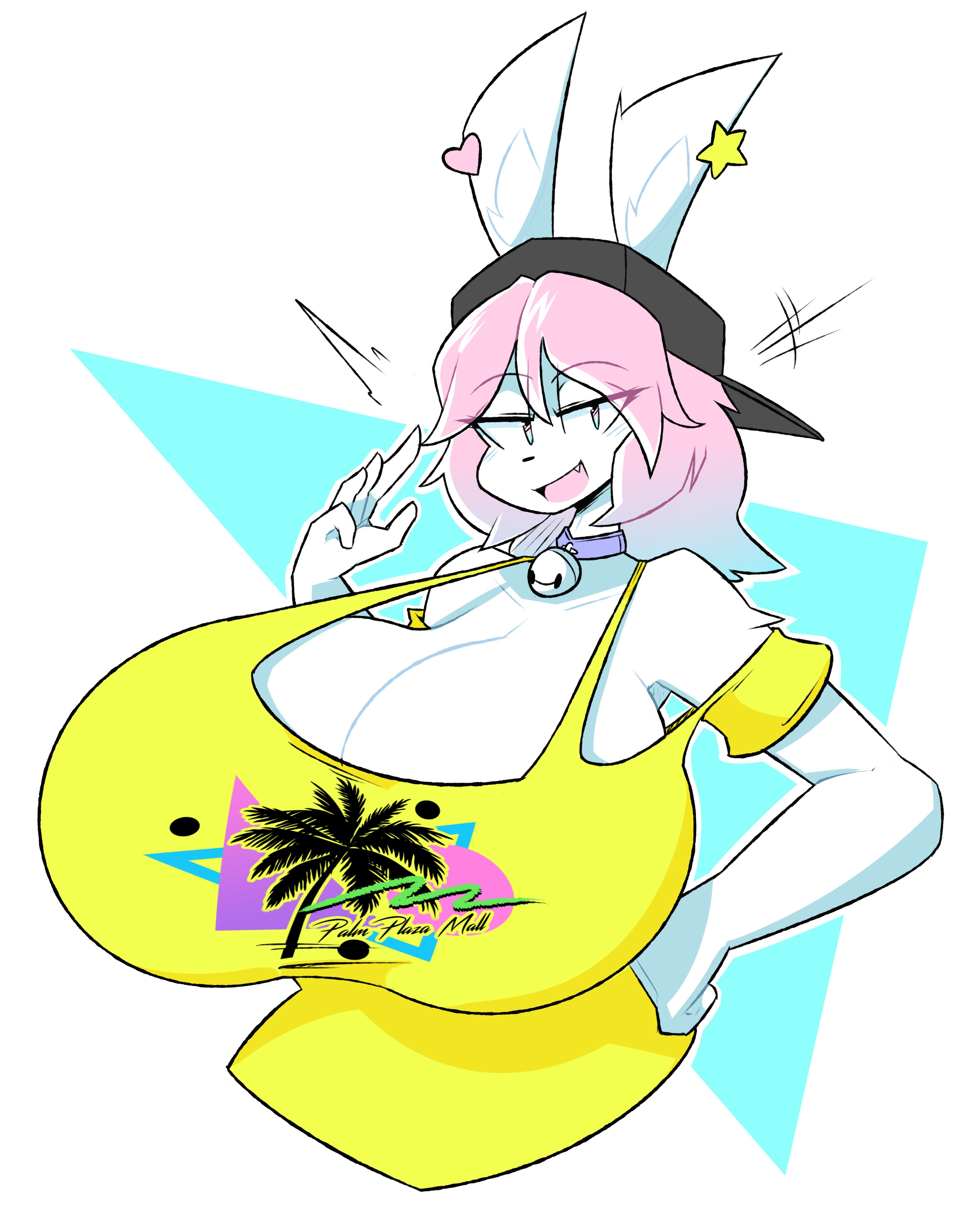 1boy, bell collar, big breasts, braless, breasts, bunny ears, busty, busty male, crop top, greeting, huge breasts, huge chest, large breasts, looking at viewer, male, male only, male with breasts, no bra, nonarycubed, peanut butter (theycallhimcake), solo, solo focus, solo male, tagme