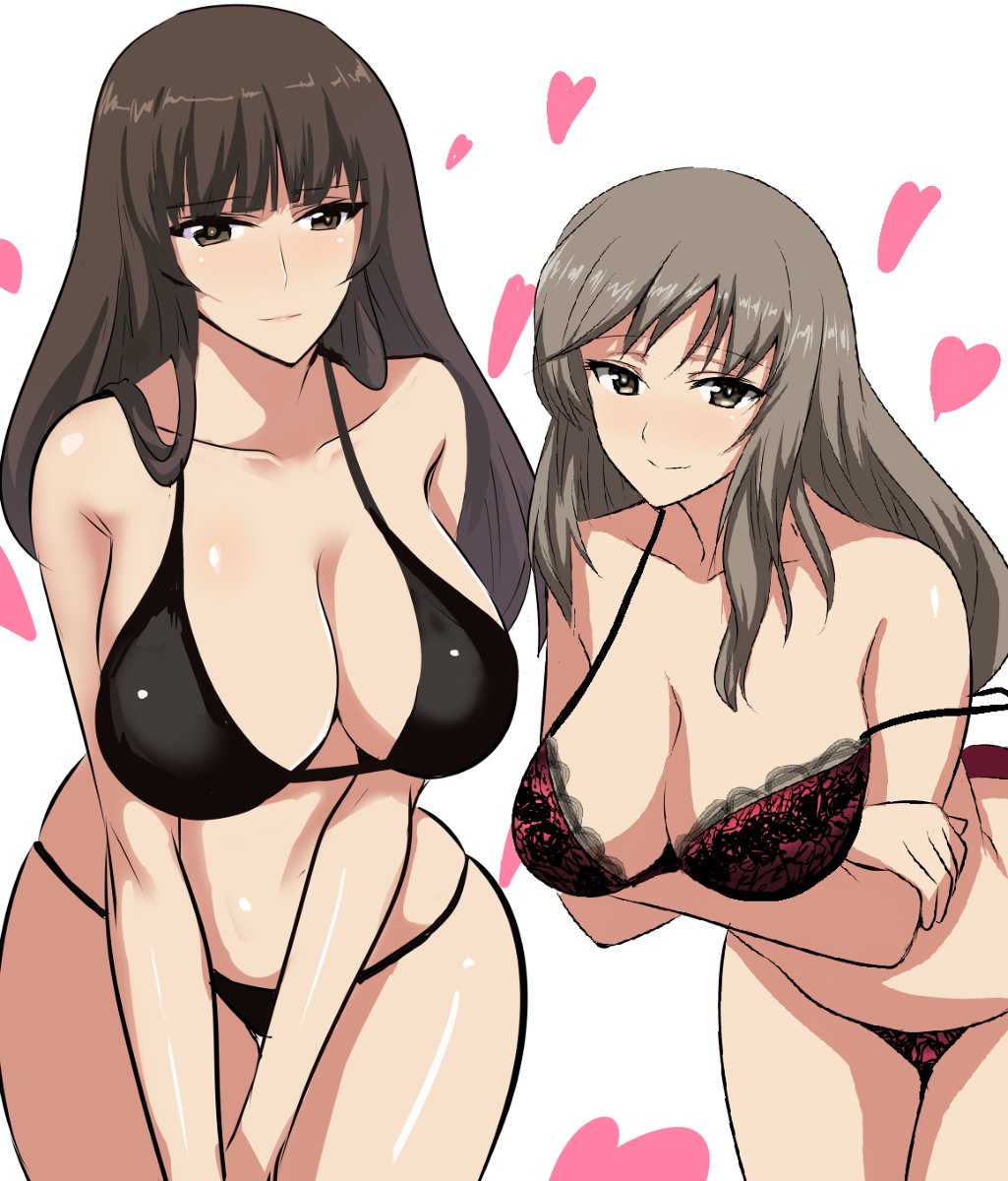 2girls, big breasts, breasts, cleavage, female, female only, girls und panzer, hifumi hajime, huge breasts, lingerie, mature female, milf, multiple females, multiple girls, nishizumi shiho, shimada chiyo
