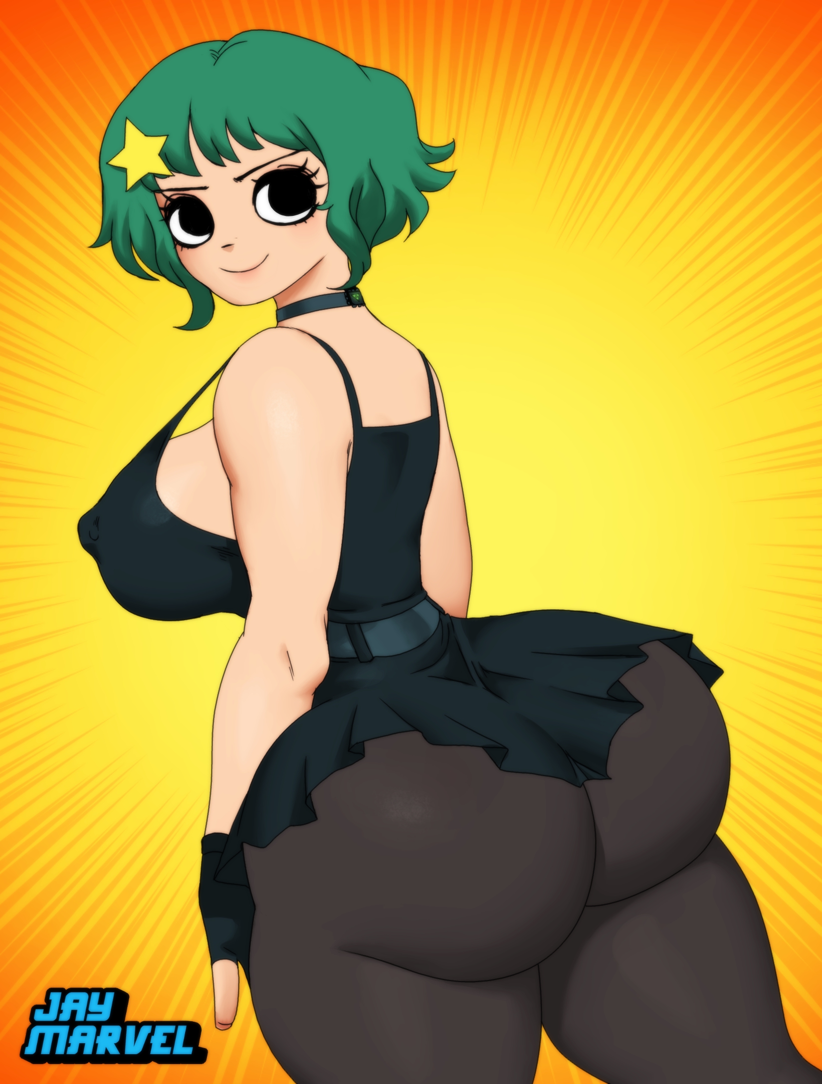 1girls, ass, big ass, big breasts, big butt, breasts, clothed, clothing, dress, female, female only, green hair, huge ass, jacket, jay-marvel, large ass, large breasts, looking at viewer, looking back, nipple bulge, pantyhose, ramona flowers, scott pilgrim, short hair, simple background, smile, solo, solo female, thick thighs, thunder thighs, voluptuous, wide hips