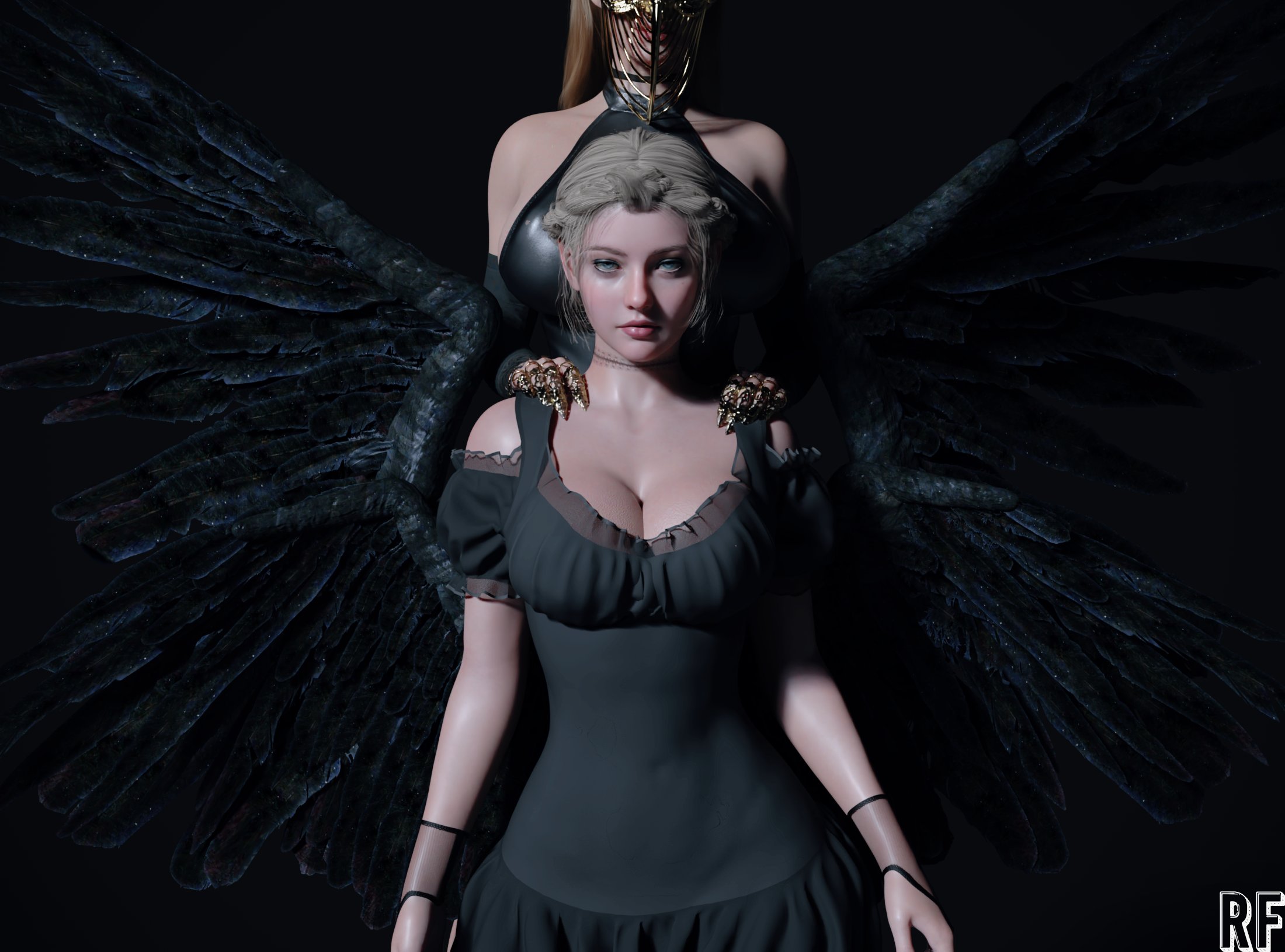 2girls, 3d, big breasts, blonde hair, braided hair, breasts, cleavage, female, mask, mother miranda (resident evil), resident evil, resident evil 8: village, rosemary winters, rude frog, wings