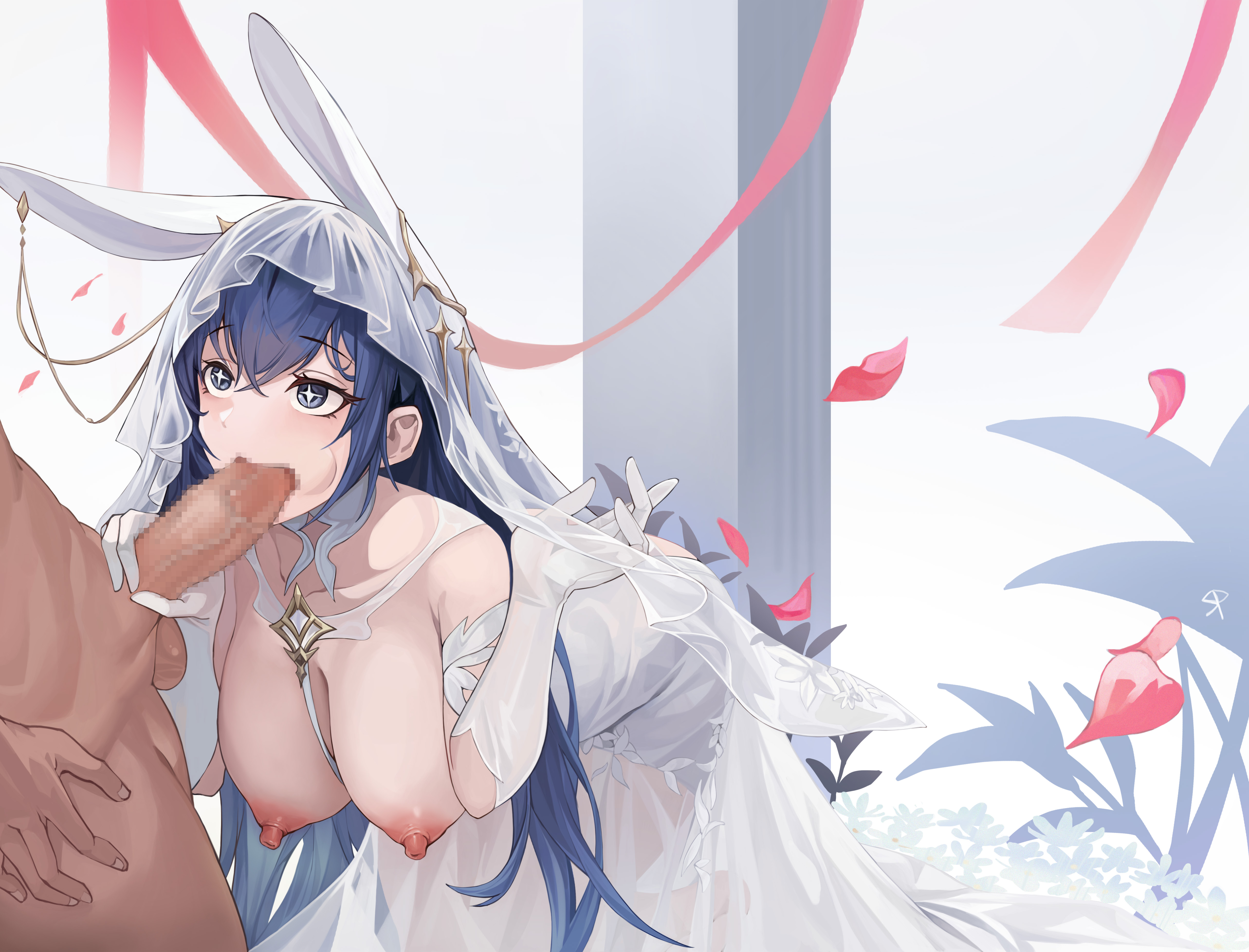 1boy, 1girls, areolae, artist request, azur lane, big penis, blue eyes, blue hair, breasts, bridal gauntlets, bridal veil, bunny ears, censored, censored penis, cheek bulge, dark skin, dark-skinned male, eagle union (azur lane), fellatio, female, large breasts, leaning forward, light skin, light-skinned female, long hair, male, new jersey (azur lane), new jersey (snow-white ceremony) (azur lane), nipples, official alternate costume, oral, oral sex, penis, pixelated, sex, wedding dress, wedding veil