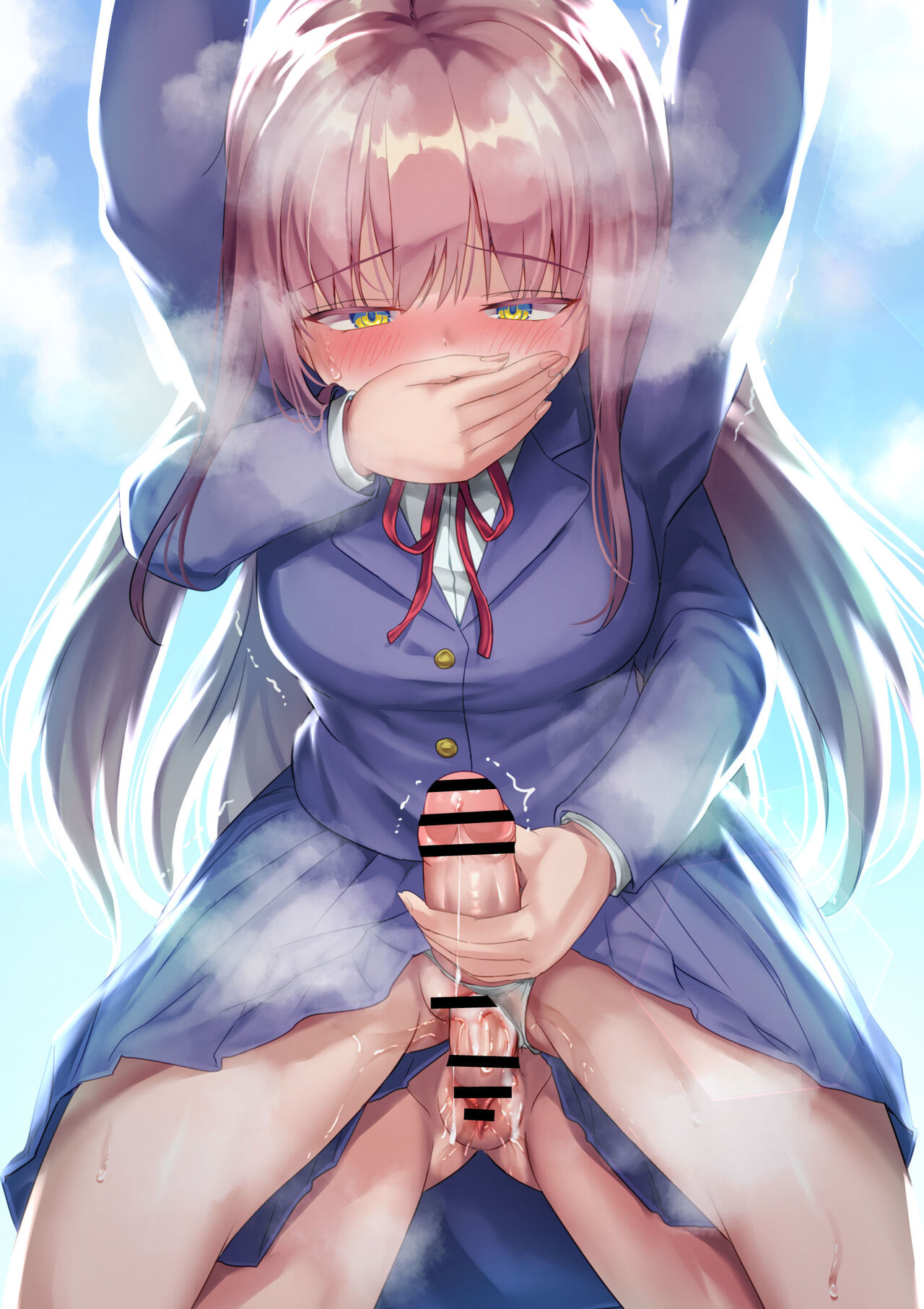 2futas, after ejaculation, after orgasm, ayanakitori, bar censor, bent over, blush, bottomless, breasts, censored, clothed, clothing, cum, cum in pussy, cum inside, cumdrip, doggy style, duo, erection, female, front view, futa on futa, futa only, futa sans balls, futanari, handjob, handjob while penetrating, has uncensored version, heavy breathing, human, intersex, light skin, light-skinned futa, long hair, low-angle view, masturbating other, masturbation, mostly clothed, outdoors, panties, penis, pussy, reach around, school uniform, schoolgirl, skirt, solo focus, stealth sex, sweat, vaginal penetration
