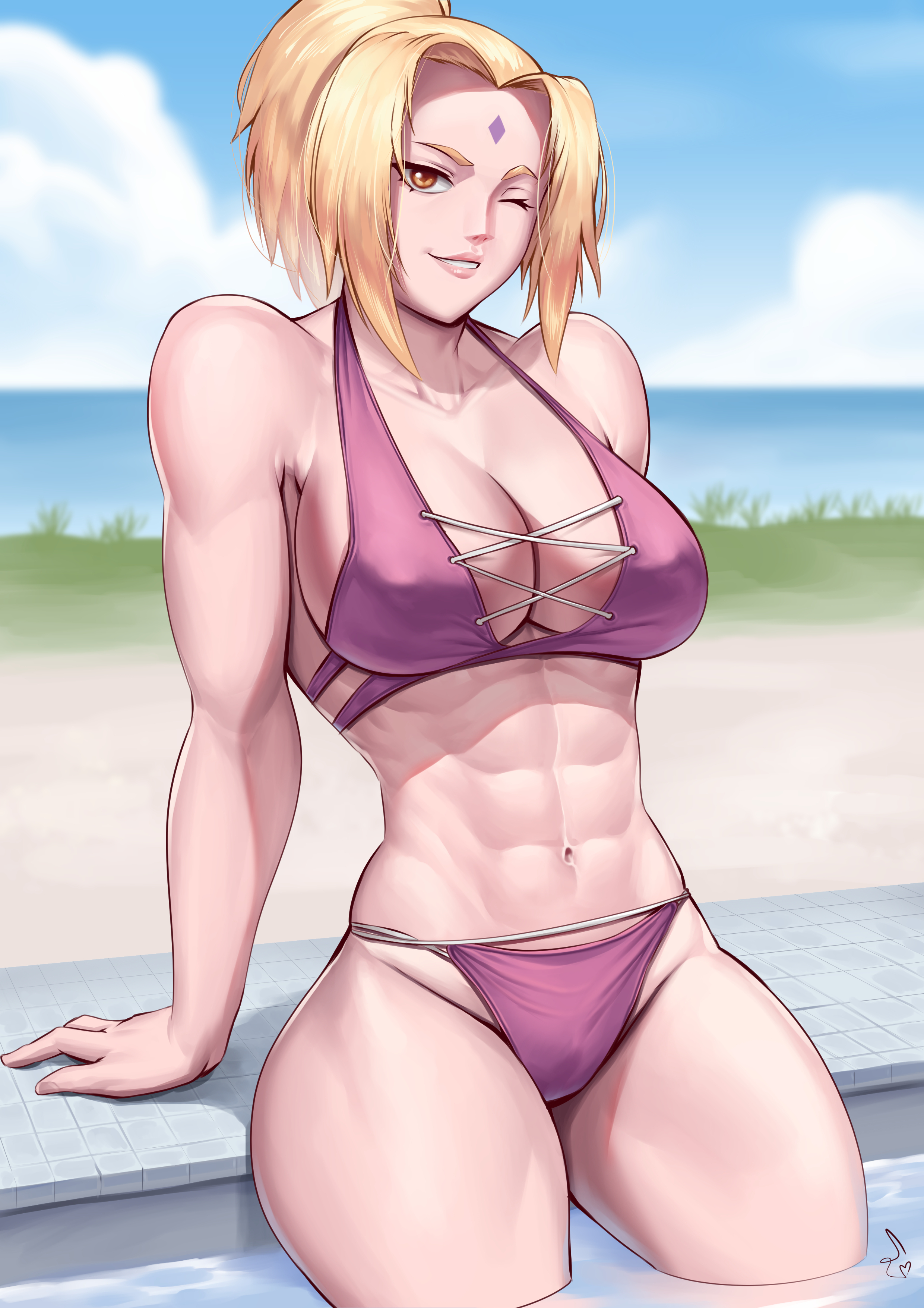 1girls, abs, adapted costume, alternate hairstyle, arm support, big breasts, bikini, blonde hair, breasts, clavicle, collarbone, erect nipples, erect nipples under bikini, erect nipples under swimsuit, female, female only, looking at viewer, mature, mature female, muscular, muscular female, naruto, naruto (series), naruto shippuden, nipples, one eye closed, partially submerged, ponytail, pool, poolside, smile, solo, solo focus, speedl00ver, standing, swimsuit, thick thighs, tied hair, toned, toned female, tsunade, water, wink