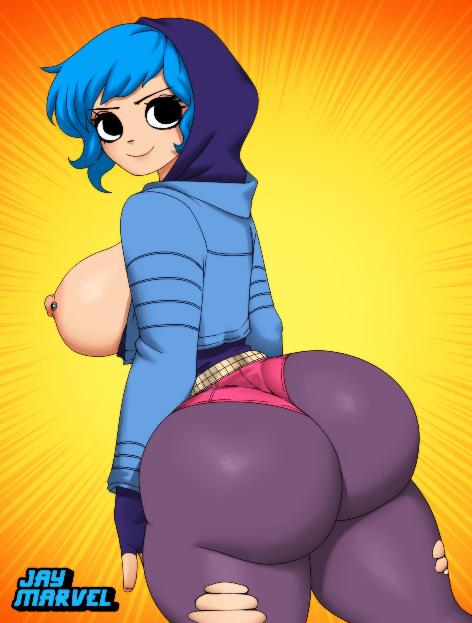 1girls, ass, back view, big ass, big breasts, big butt, black eyes, blue hair, breasts, clothing, female, female only, huge ass, jacket, jay-marvel, large ass, large breasts, looking at viewer, looking back, nipple piercing, nipples, partially clothed, piercing, ramona flowers, scott pilgrim, short hair, simple background, smile, solo, solo female, thick thighs, voluptuous, wide hips