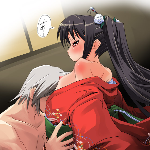 black_hair blush breast_sucking breasts hermmy japanese_clothes japanese_text kimono kooh pangya small_breasts straight white_hair