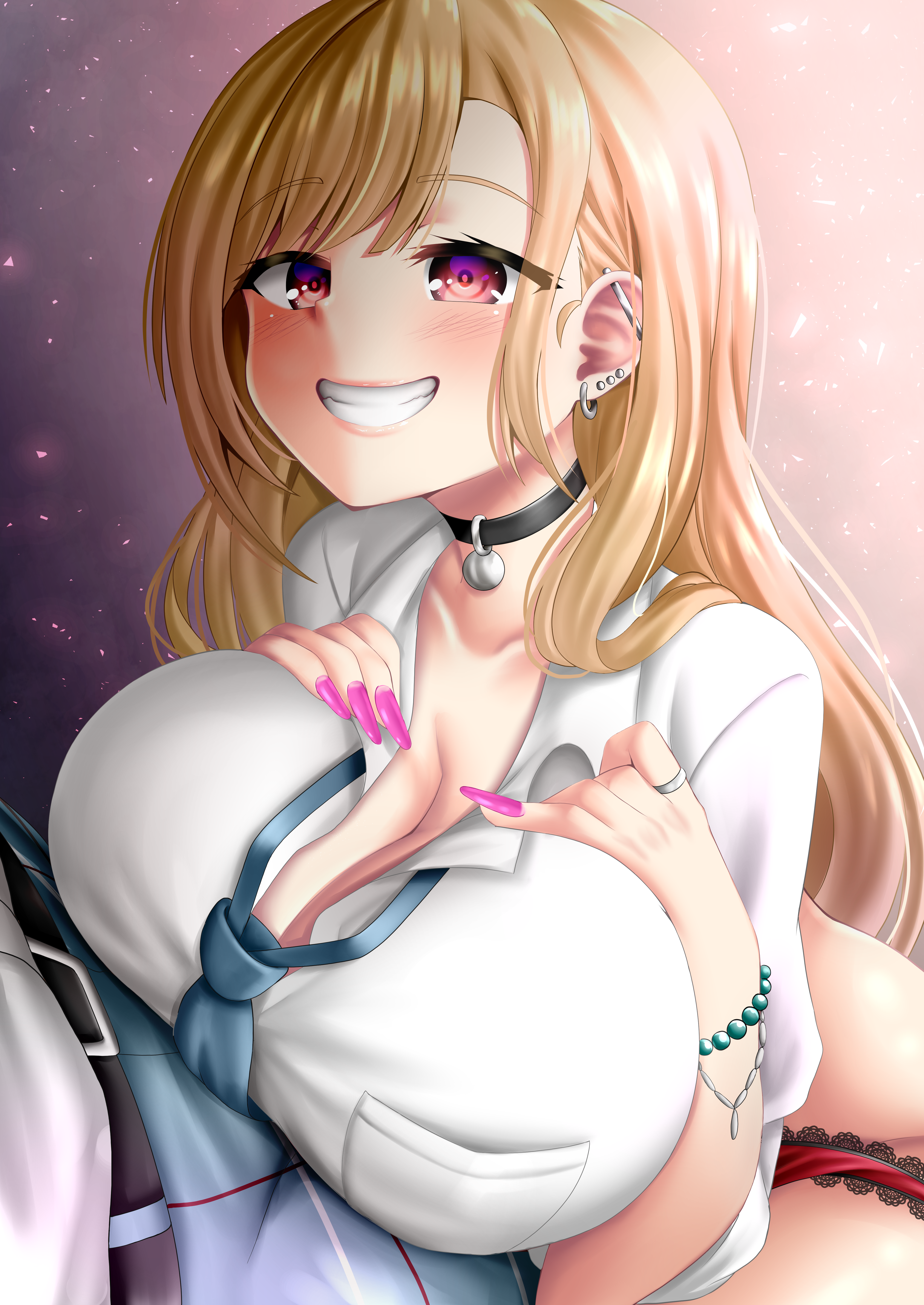 1boy, 1girls, absurd res, big breasts, blonde hair, blush, breasts, choker, cute, earrings, eye contact, female, gyaru, huge breasts, imminent oral, kitagawa marin, large breasts, long fingernails, long hair, male, nail polish, no skirt, oniilus, oral, paizuri, panties, partially clothed, petite, piercing, pink eyes, pink eyeshadow, pink hair, pink nails, red panties, satin, satin panties, school uniform, schoolgirl, smile, sono bisque doll wa koi wo suru, thighs, two-tone hair, underwear, upper body