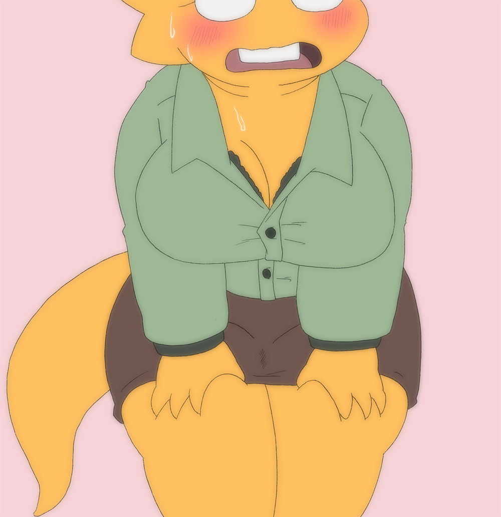 1girls, 2d, alphys, anthro, aruput, aruput ut, big breasts, blush, bra, bra visible through clothes, breasts, chubby, deltarune, dinosaur, female, female only, fully clothed, glasses, huge breasts, humanoid, lizard girl, lizard humanoid, monster girl, skirt, solo, sweat, sweatdrop, sweating, tagme, tail, thick thighs, undertale, undertale (series), uniform, yellow body, yellow skin