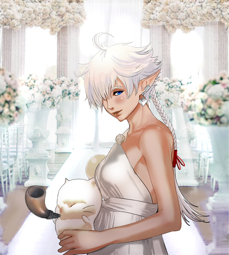 1girls alisaie_leveilleur blue_eyes blush earrings elezen elf elf_ears elf_female exposed_shoulders female female_focus female_only final_fantasy final_fantasy_xiv jamjam jamjamstyle light-skinned_female moogle ponytail small_breasts wedding wedding_dress white_hair