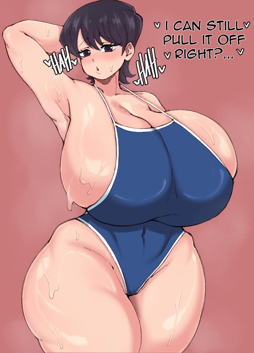 1girls, 2022, armpits, arms up, black eyes, black hair, breasts, competition swimsuit, dialogue, english text, female, female only, hips, huge breasts, komi shuuko, komi-san wa komyushou desu, light skin, light-skinned female, mature female, milf, mother, one-piece swimsuit, pale skin, pale-skinned female, reecedantes, short hair, spilling out, sweat, sweaty body, swimsuit, text, thick thighs, thighs, venus body, wide hips