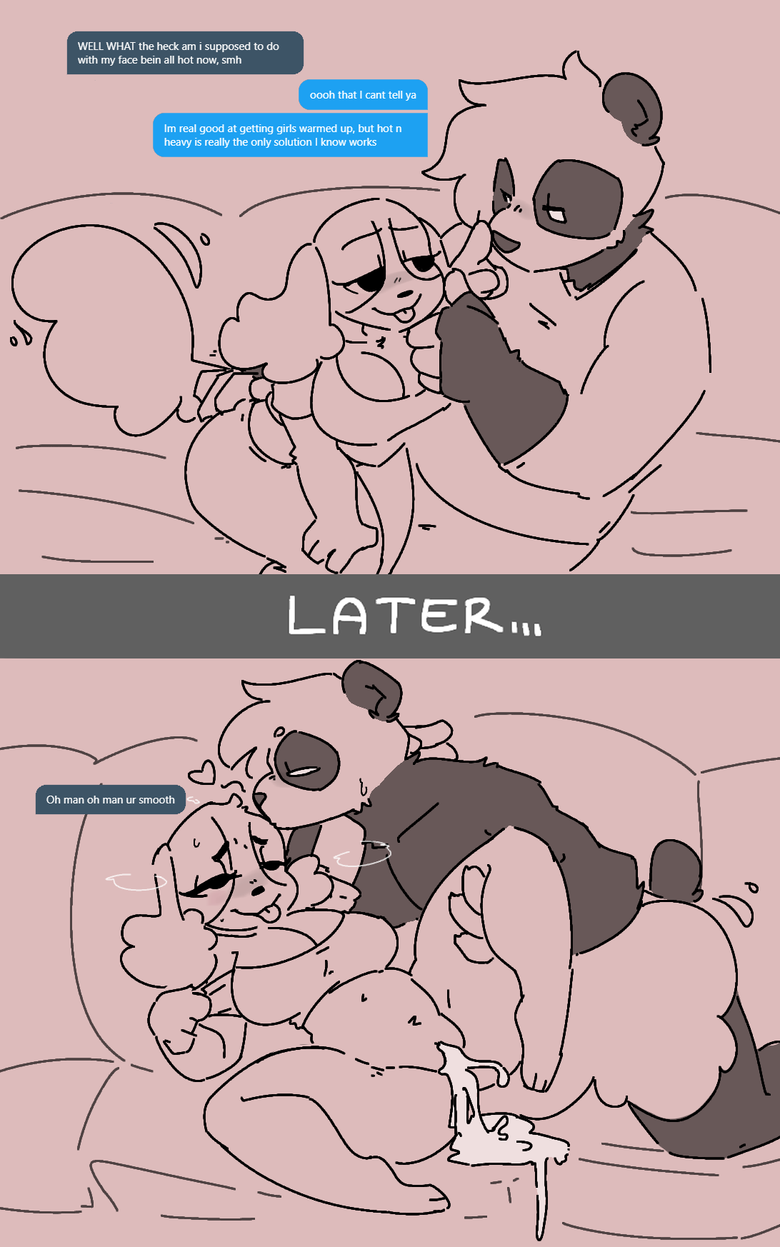 1boy 1girls anthro before_and_after bottomless breasts canine cartoony cleavage clothed comic couch cum dog_ears dog_tail dripping_cum dripping_pussy female fluffy_ears fluffy_tail heart hijackerdraws_(artist) leg_lift male mostly_nude_female nude nude_female oc ohthesunnyside overflowing_cum panda post_sex pre_sex pussy straight sunny_puppy sweat sweating text tongue tongue_out