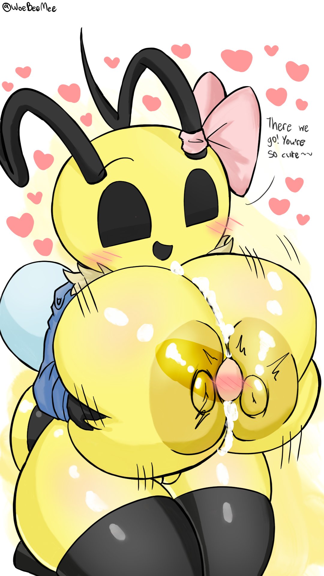annabee (woebeeme), bee, big breasts, blush, breasts, cum, cum on body, cum on breasts, female, heart, male, paizuri, penis, perpendicular paizuri, small penis, small penis adoration, smile, smiling, text, woebeeme