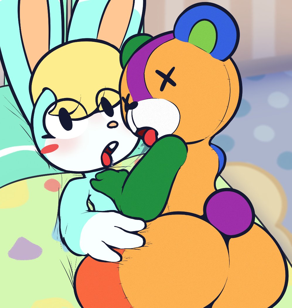 animal_crossing anthro ass bear blonde_hair blue_body blue_fur blush duo fur hair kissing lagomorph leporid male male/male mammal nintendo nude plushie rabbit rabblet sasha_(animal_crossing) stitches_(animal_crossing) teddy_bear ursid ursine video_games