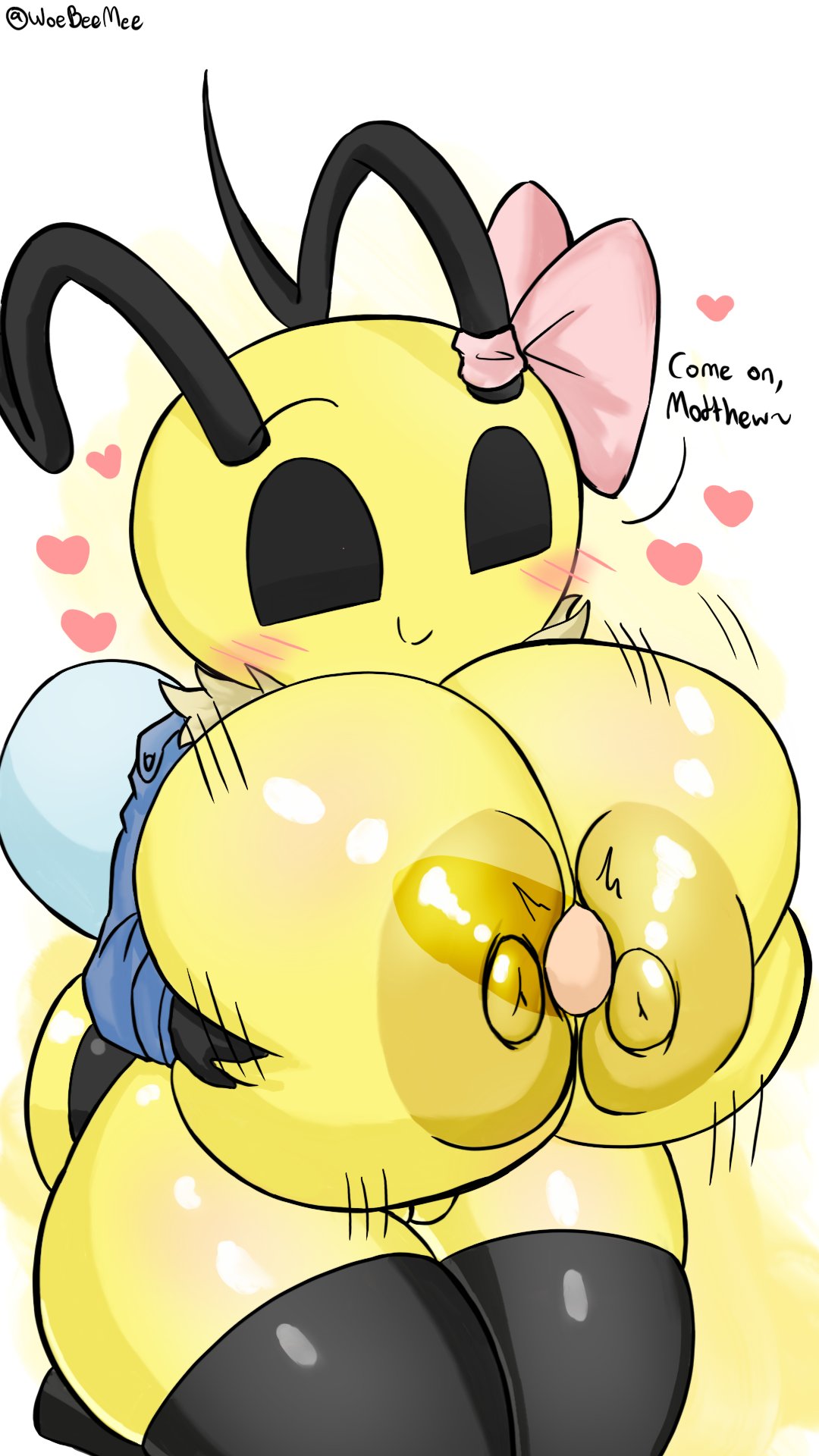 annabee (woebeeme), bee, big breasts, blush, breasts, female, heart, insect, male, paizuri, penis, perpendicular paizuri, small penis, smile, smiling, text, woebeeme