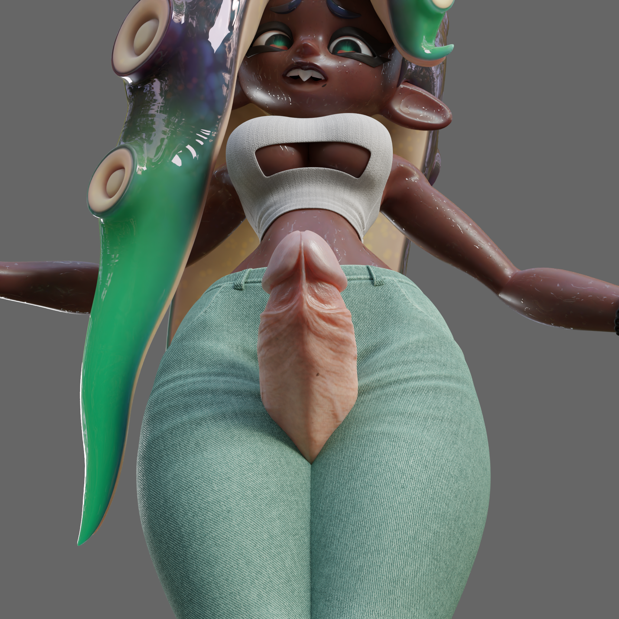 3d, ass, big ass, big breast, breasts, clothing, dark skin, dark-skinned female, female, jeans, keyhole, male, marina (splatoon), nervous, octoling, pale skin, rimeywire, splatoon, surprised, surprised expression, sweat, sweatdrop, thick thighs, thigh job, thigh sex, underboob, unsure