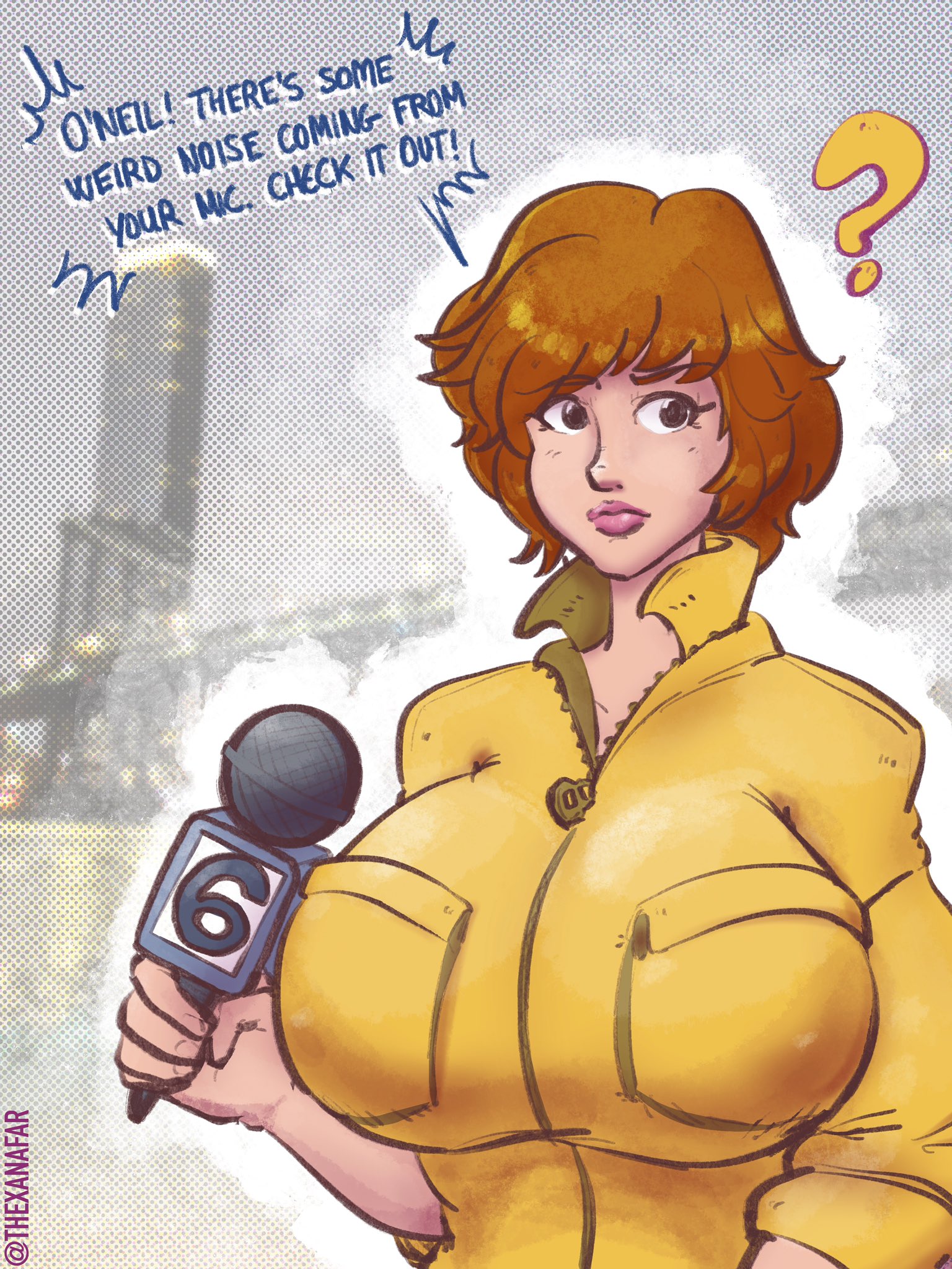 1girls, alternate breast size, april o'neil, april o'neil (tmnt 1987), big breasts, breasts, brown hair, female, female only, huge breasts, jumpsuit, large breasts, light skin, light-skinned female, lipstick, microphone, news reporter, short hair, solo, teenage mutant ninja turtles, teenage mutant ninja turtles (1987), text, tmnt 1987, top heavy, xanafar