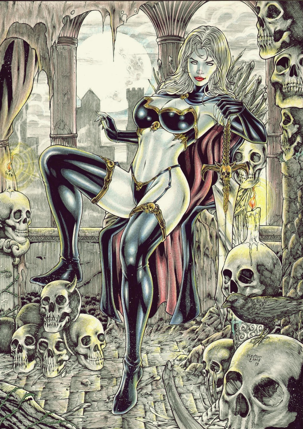 big_breasts big_penis chaos_comics dominant_female dominatrix ed_benes_studio emotionless femme_fatale fit_female lady_death latex looking_at_viewer medson_lima queen queen_of_the_dead seductive seductive_smile skull white_eyes white_hair