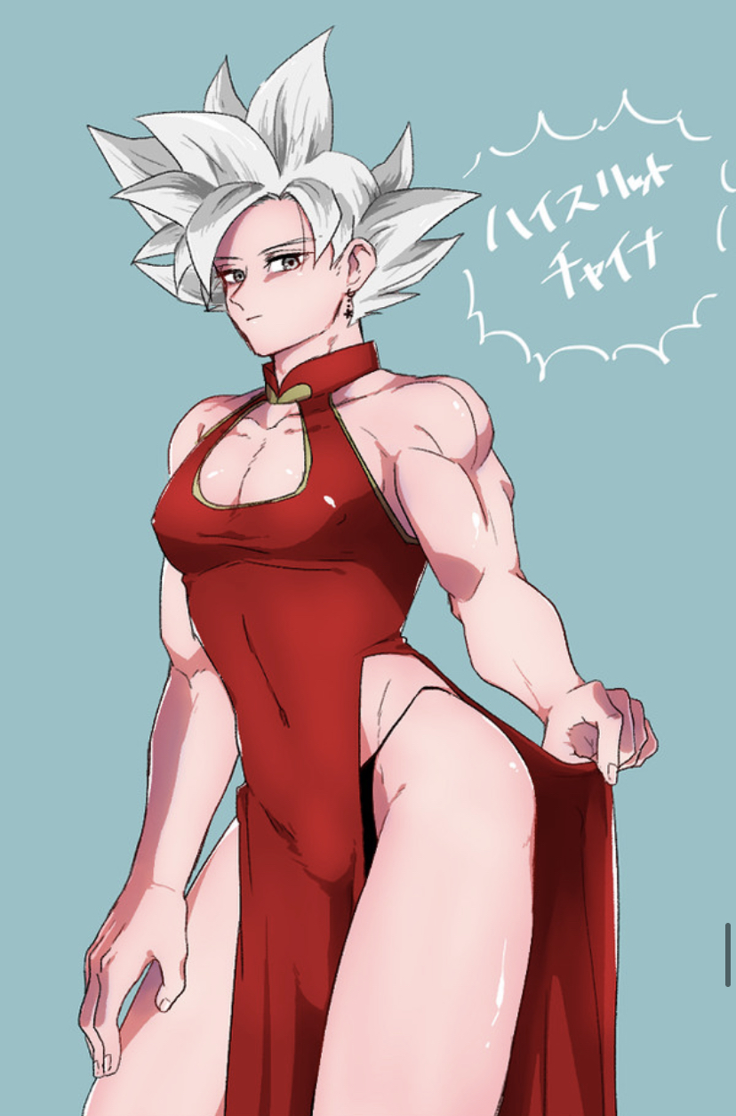 ambush (trap), china dress, chinese clothes, crossdressing, dragon ball, dress, femboy, femboy dilf, male, male only, mastered ultra instinct, muscular, muscular femboy, solo male, son goku, thong, ultra instinct