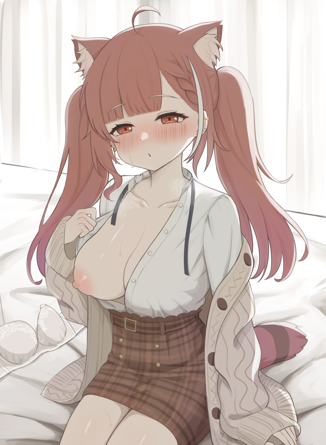 ahoge animal_ear_fluff bangs bed belt blunt_bangs blush bra bra_removed braid braided_bangs breasts breath brown_belt brown_hair brown_skirt collarbone collared_shirt dress_shirt ear_piercing extra_ears eyebrows_visible_through_hair female female_only french_braid high-waist_skirt highres large_breasts long_sleeves looking_at_viewer miniskirt multicolored_hair nijisanji nipples nose_blush on_bed one_breast_out open_clothes open_shirt piercing plaid plaid_skirt ratna_petit red_eyes red_panda_ears red_panda_tail shirt skirt solo streaked_hair sweat torogao twintails underwear virtual_youtuber white_bra white_hair white_shirt yukamikayu