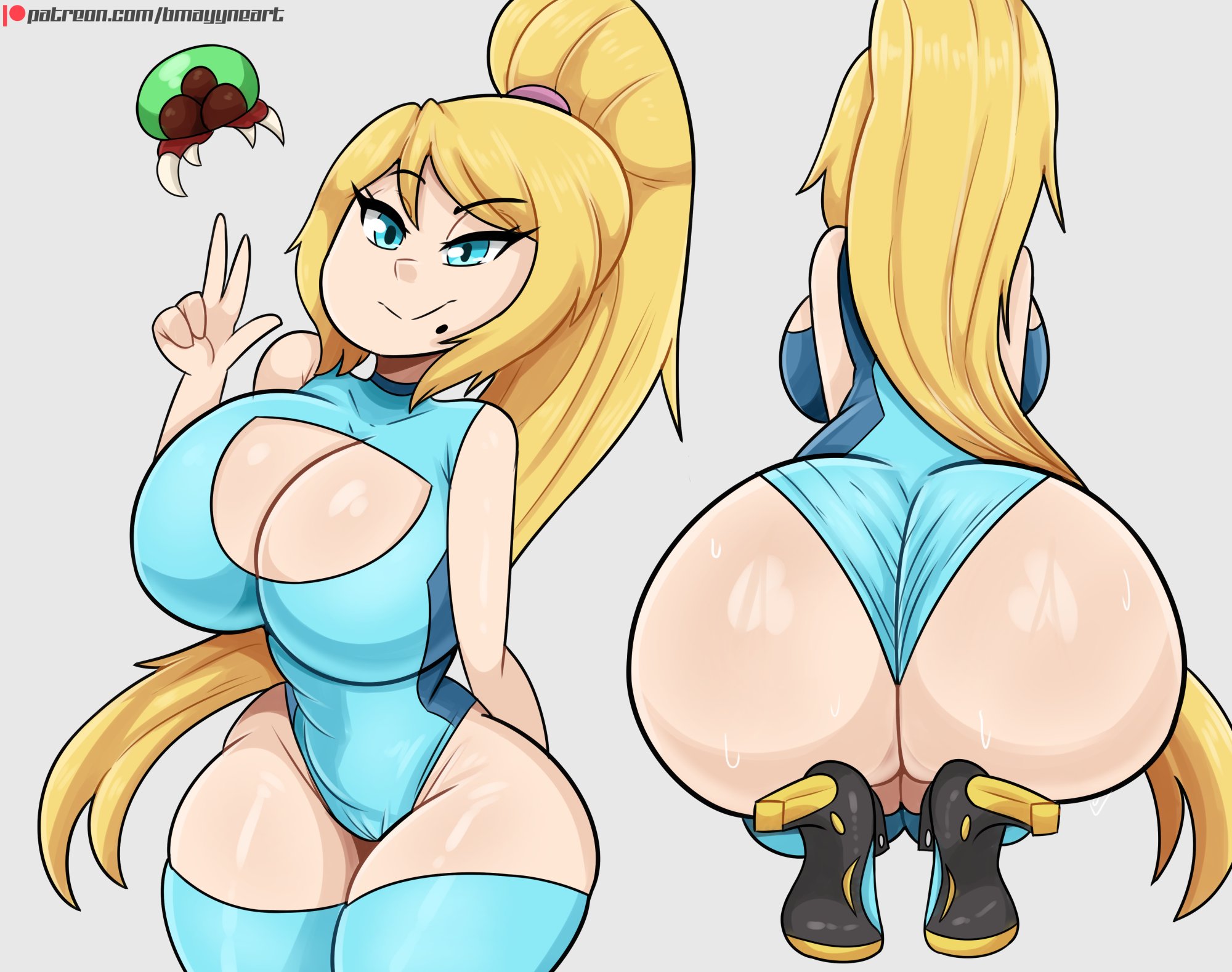1girls, ass, beauty mark, big ass, big breasts, bimbo, blonde hair, blue eyes, bmayneart, breasts, bubble ass, bubble butt, cleavage, clothing, crouching, fat ass, female, female only, heels, huge ass, huge breasts, large ass, leotard, light skin, light-skinned female, looking at viewer, metroid, nintendo, samus aran, shoes, solo, squatting, sweat, thick ass, thick thighs, thighhighs, v sign, wide hips, zero suit, zero suit samus