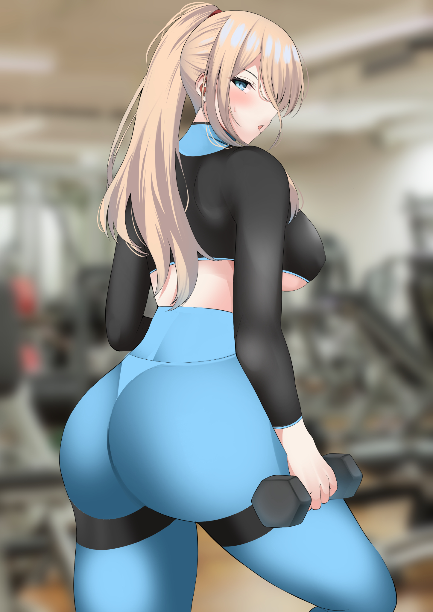 aqua eyes, ass, blonde hair, blush, breasts, covered nipples, dumbbell, exercise, female, gym, huge ass, large breasts, metroid, ponytail, samus aran, sweatdrop, underboob, workout, workout clothes