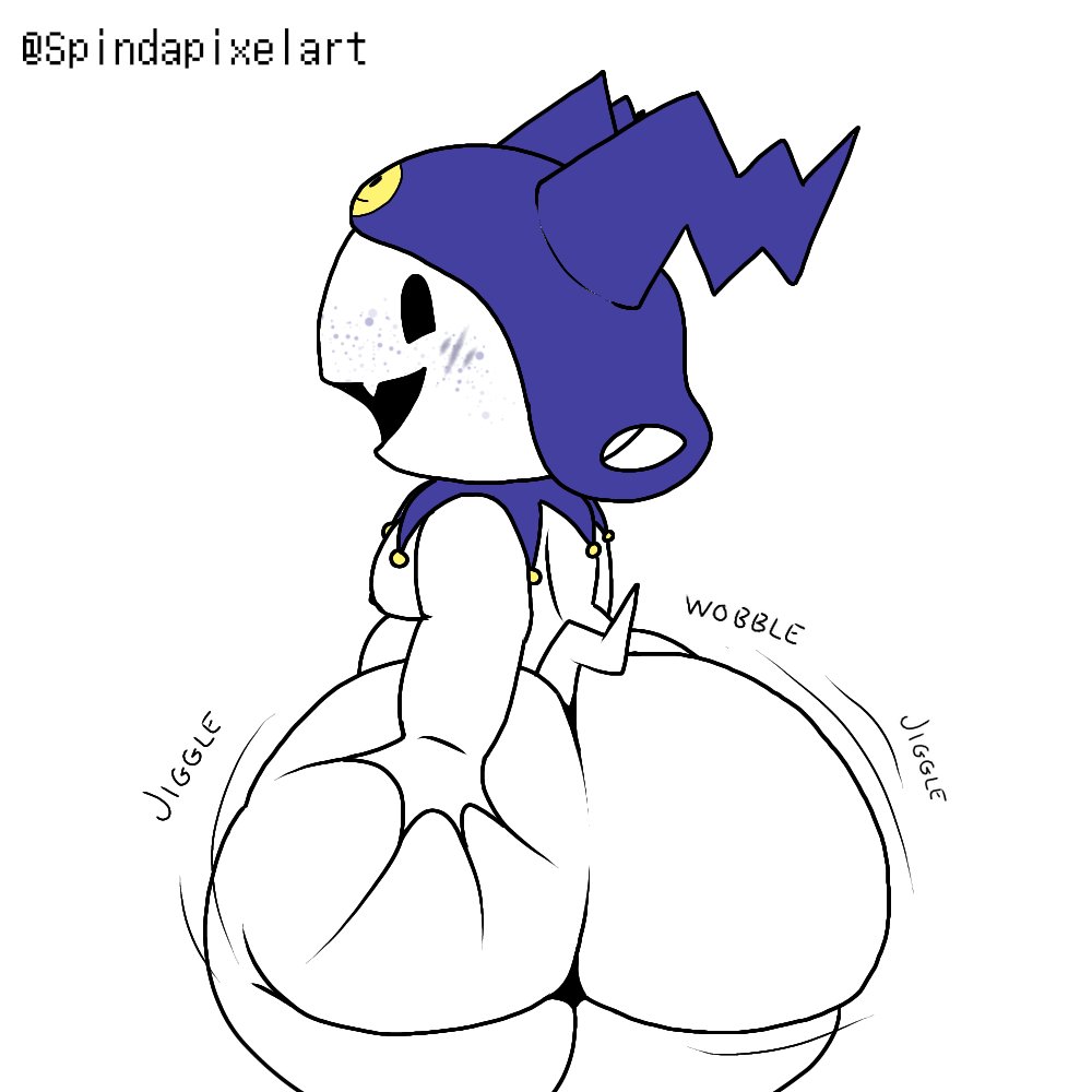 ass, axoarts, big ass, bubble ass, bubble butt, femboy, grabbing own ass, huge ass, jack frost (megami tensei), jester cap, jiggling ass, male, megami tensei, moobs, persona, presenting, shin megami tensei, sinking grip, smile, solo, solo male, spindapixelart, thick thighs, white body, wide hips