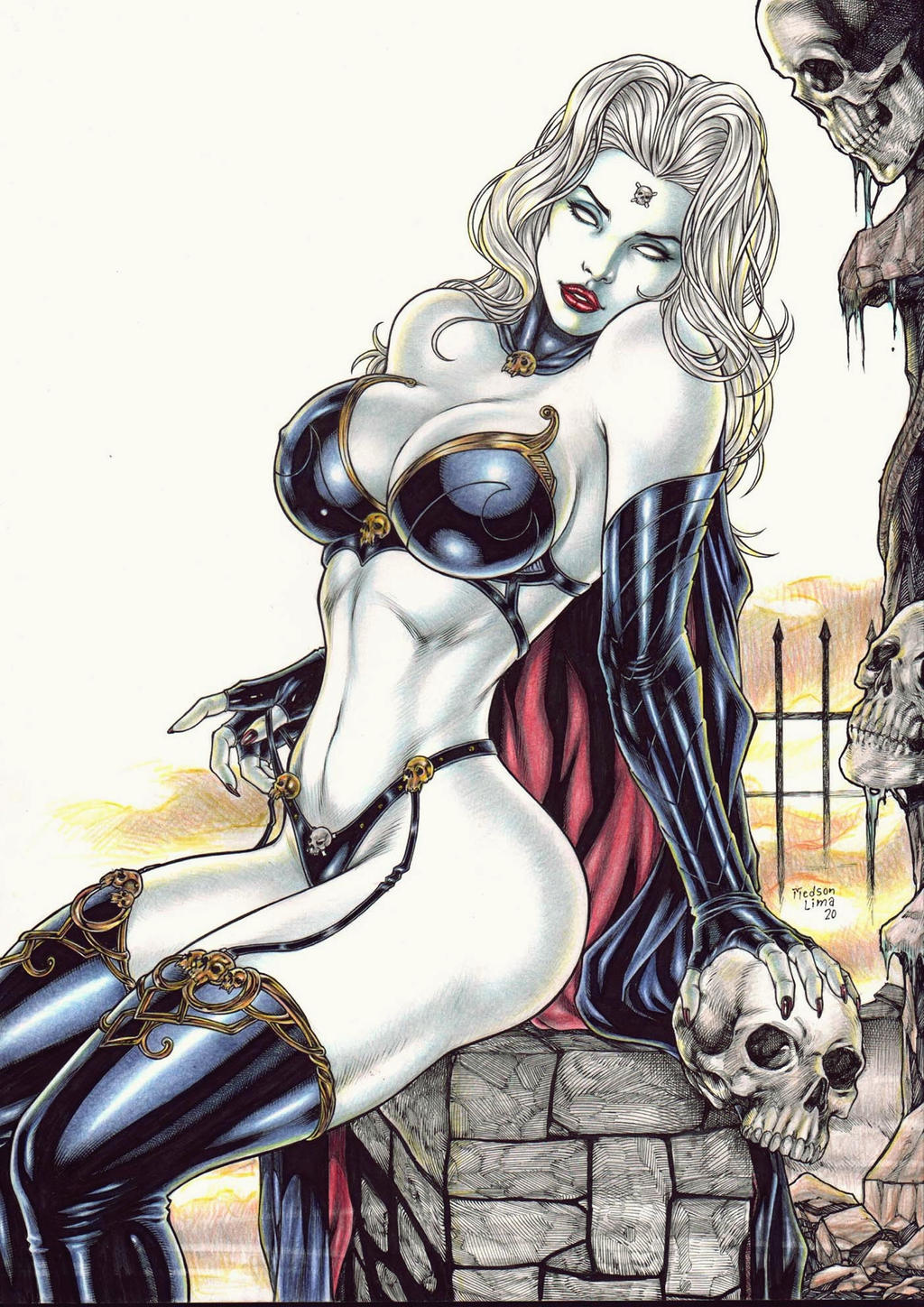 big_breasts bindi chaos_comics coffin_comics death_(personification) dominant_female ed_benes_studio fit_female graveyard grim_reaper lady_death latex_gloves latex_stockings latex_suit latex_thighhighs latex_thong long_hair looking_back medson_lima queen_of_the_dead seductive solo_female white_body white_hair white_skin